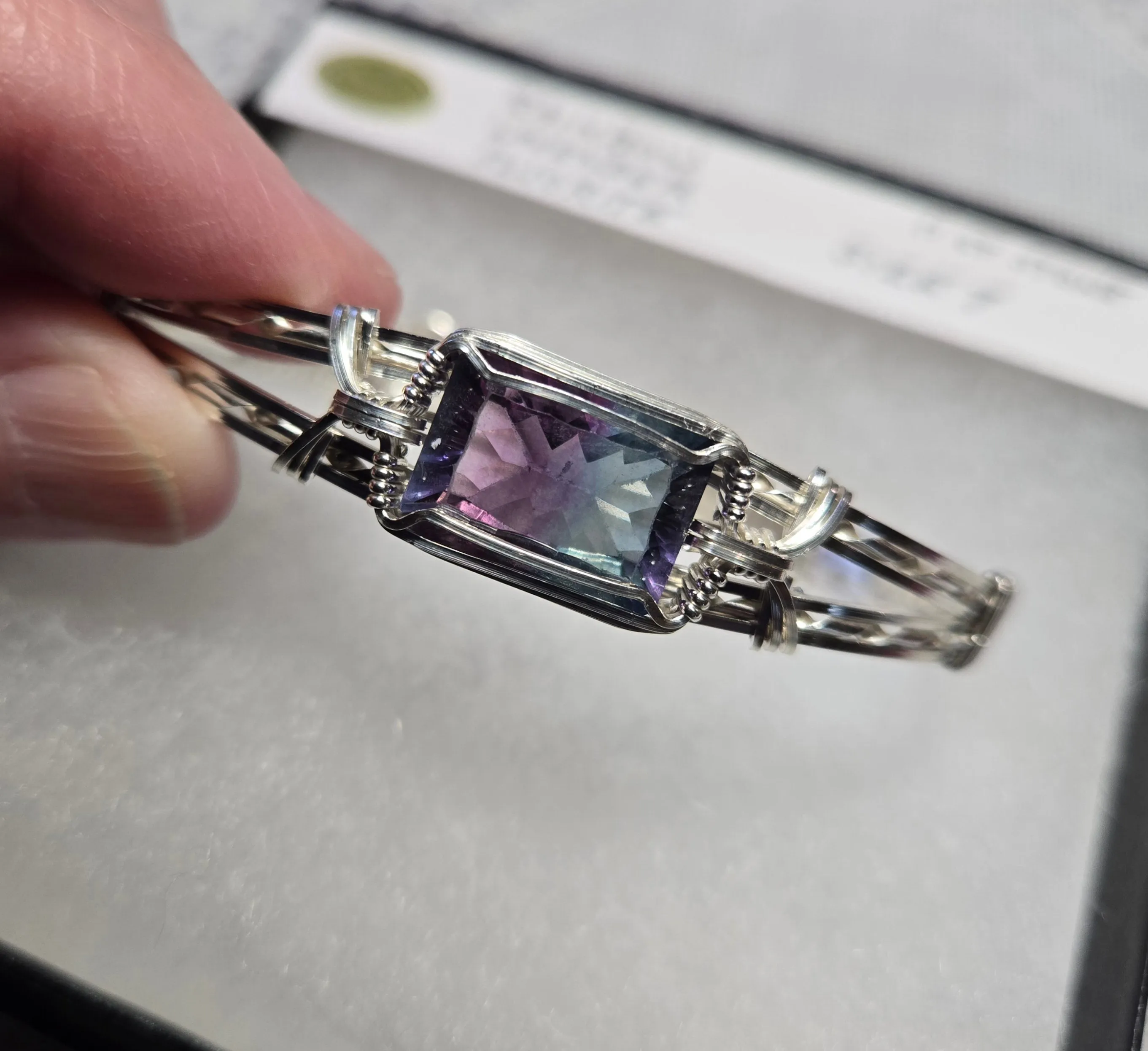 Custom Wire Wrapped Faceted Rainbow Lavender Flourite 11 ct. Bracelet Sterling Silver Size 7