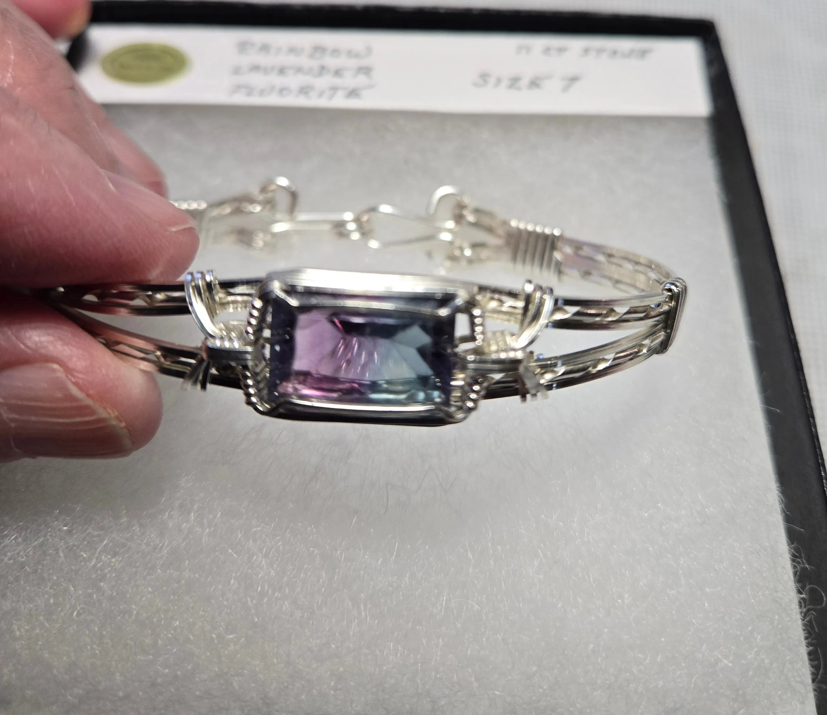 Custom Wire Wrapped Faceted Rainbow Lavender Flourite 11 ct. Bracelet Sterling Silver Size 7