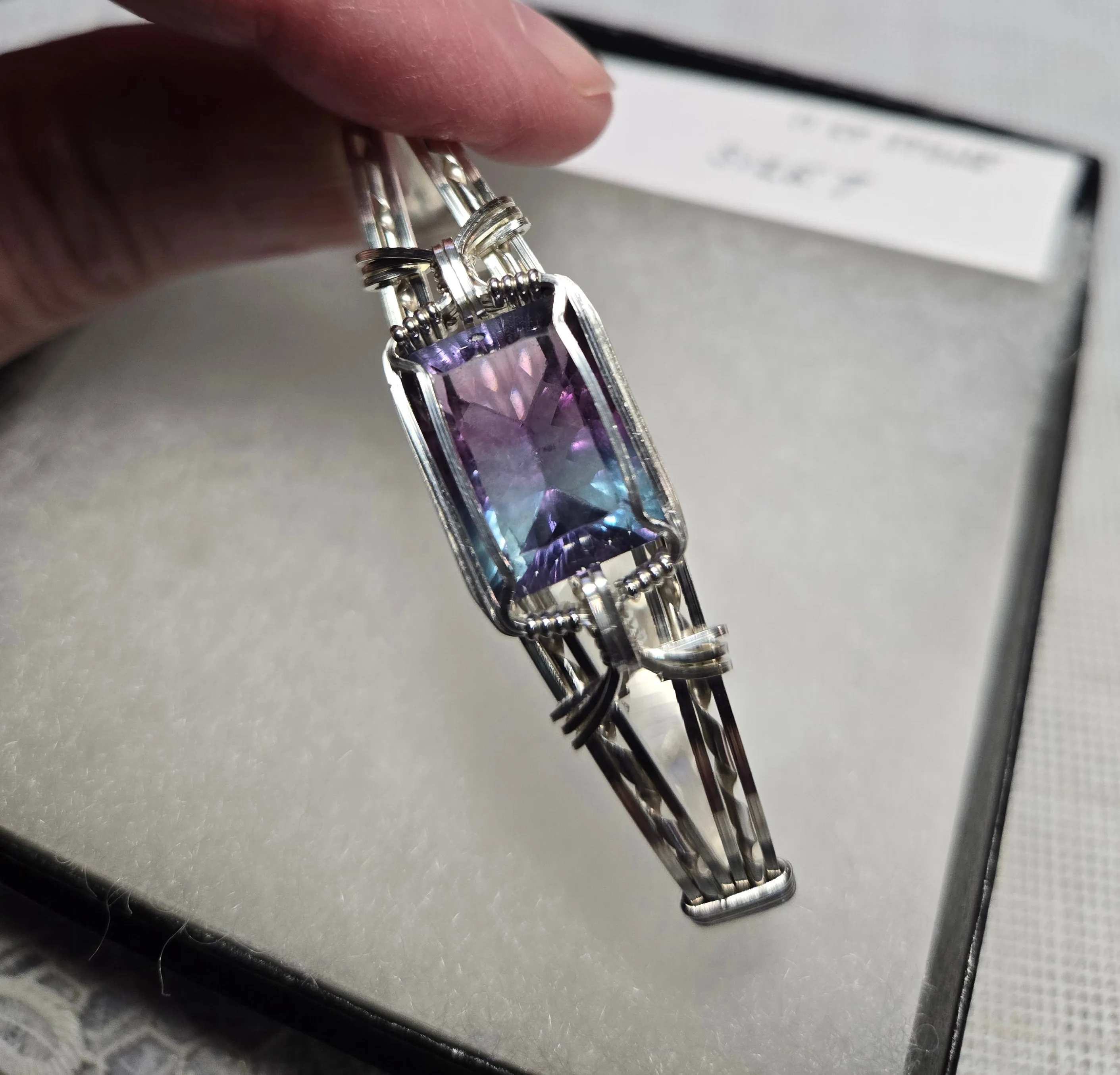 Custom Wire Wrapped Faceted Rainbow Lavender Flourite 11 ct. Bracelet Sterling Silver Size 7