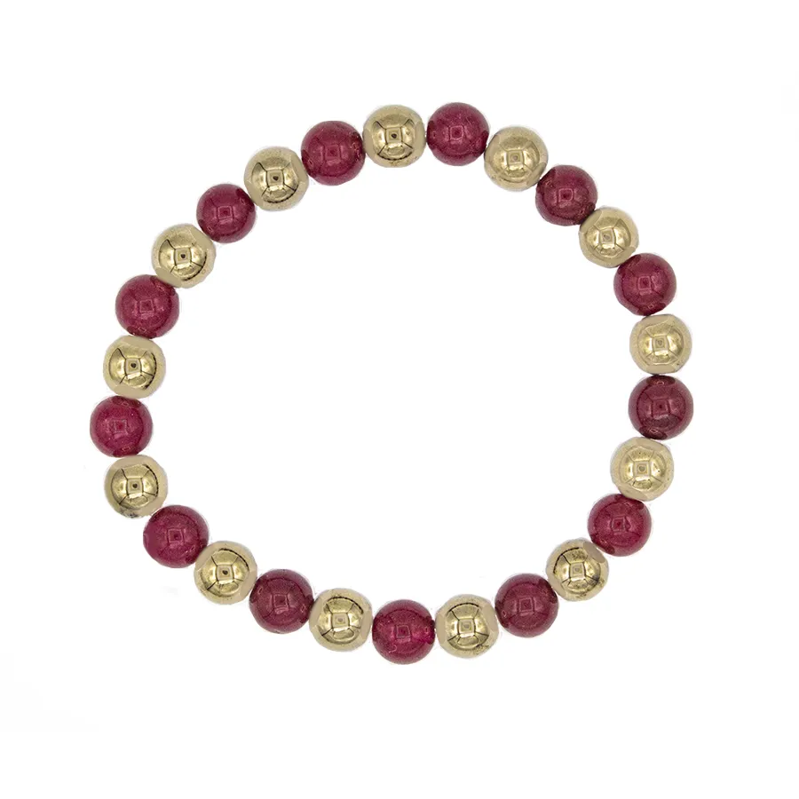 Deep Red Jade and Pyrite Beaded Stretchy Bracelet-Good Feng Shui