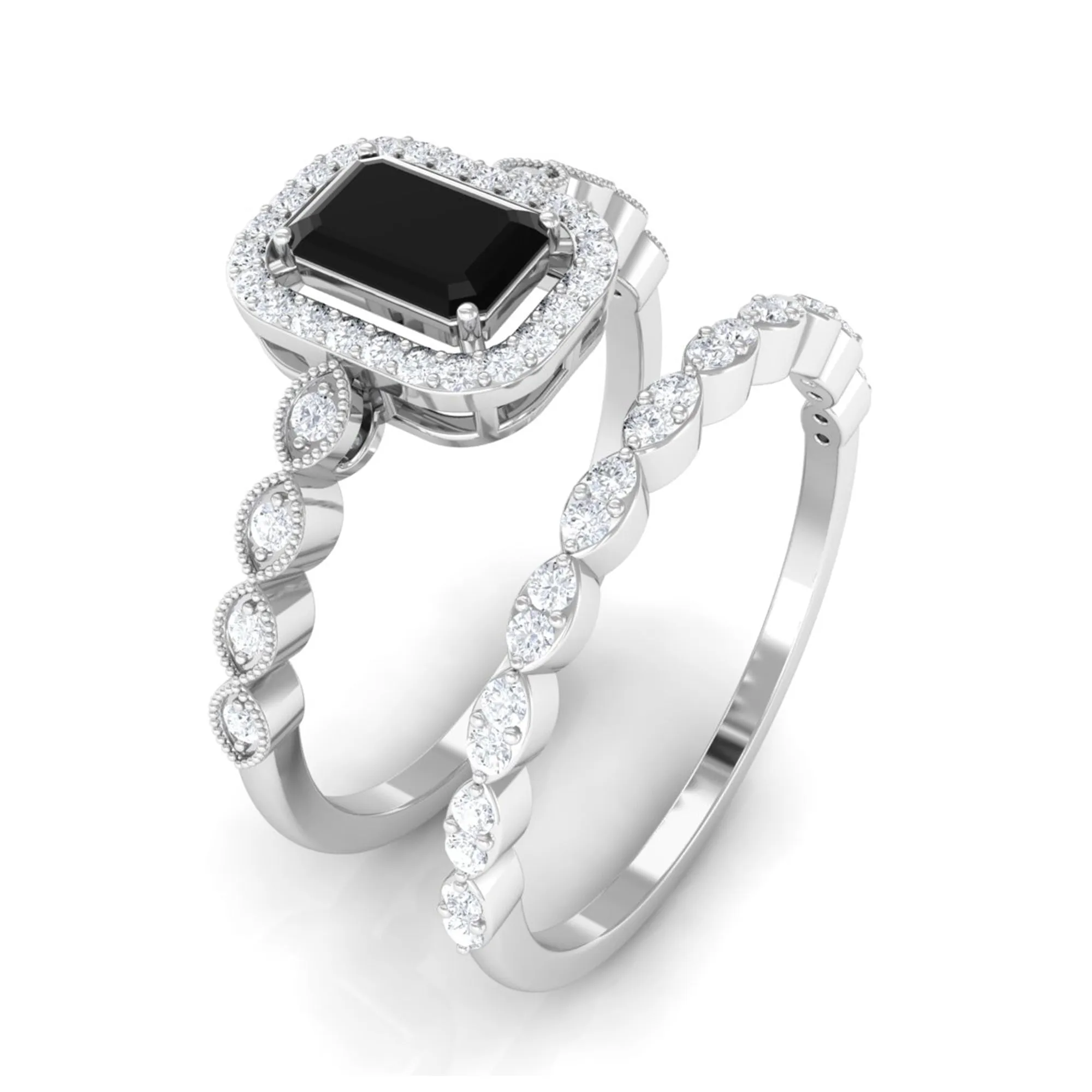 Designer Created Black Diamond and Diamond Engagement Ring Set