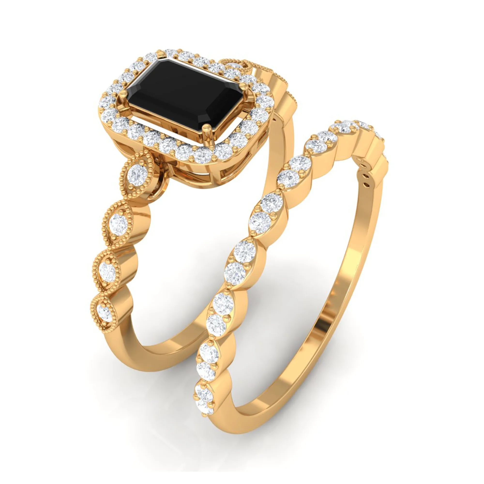Designer Created Black Diamond and Diamond Engagement Ring Set