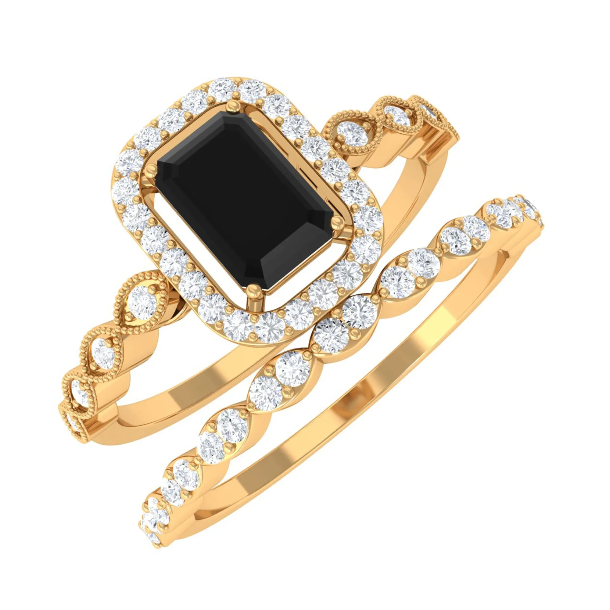 Designer Created Black Diamond and Diamond Engagement Ring Set