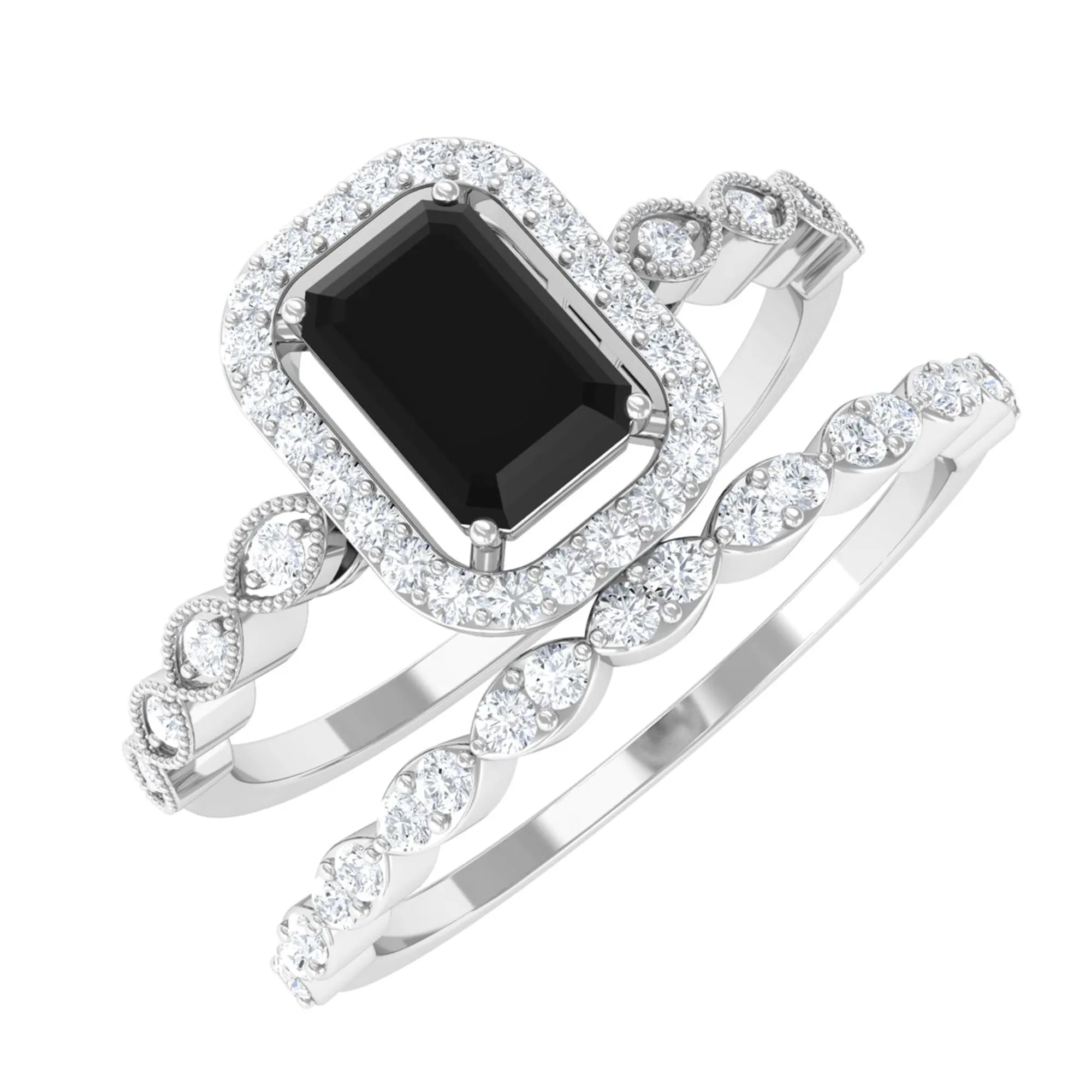 Designer Created Black Diamond and Diamond Engagement Ring Set