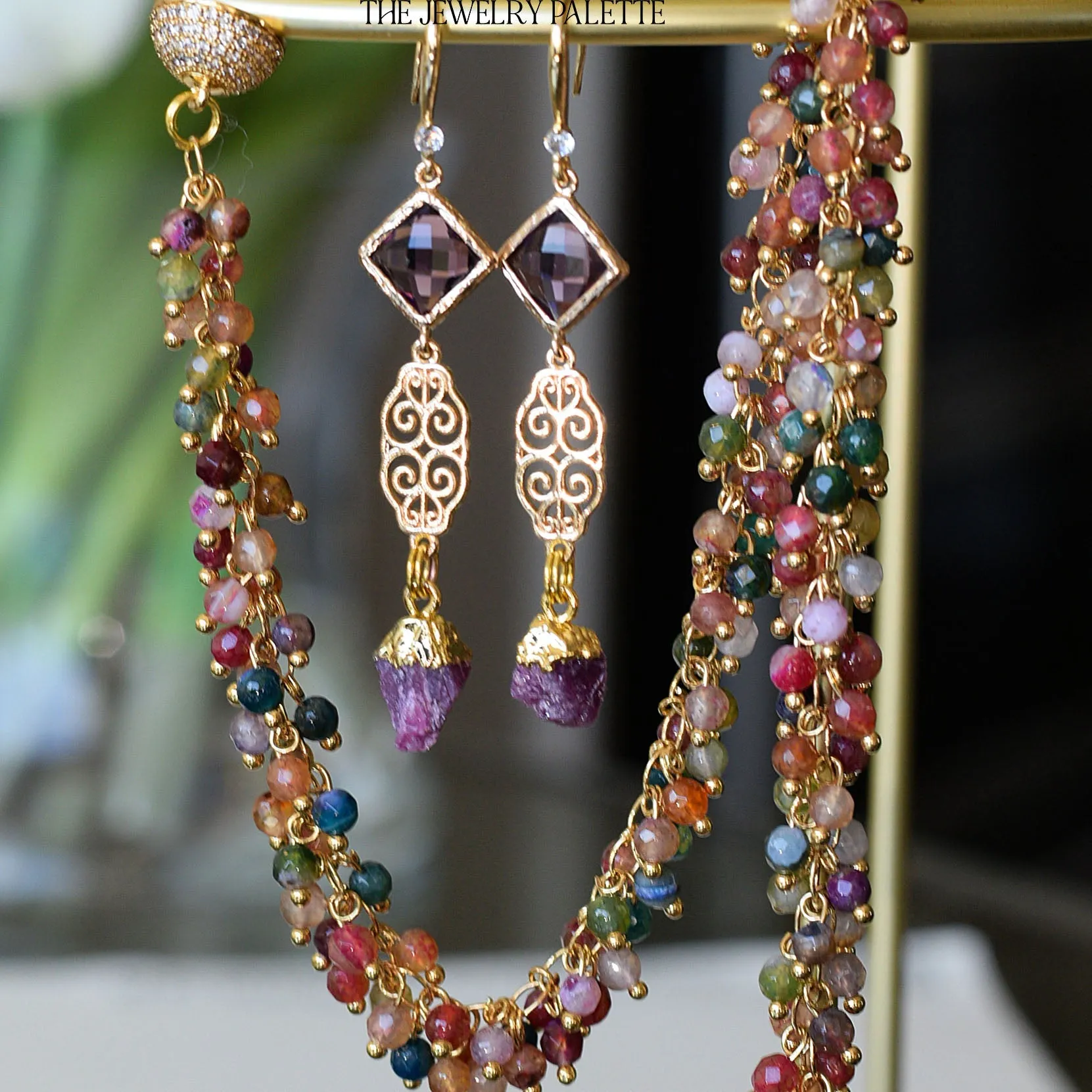 Farah ruby, filigree and purple crystal earrings