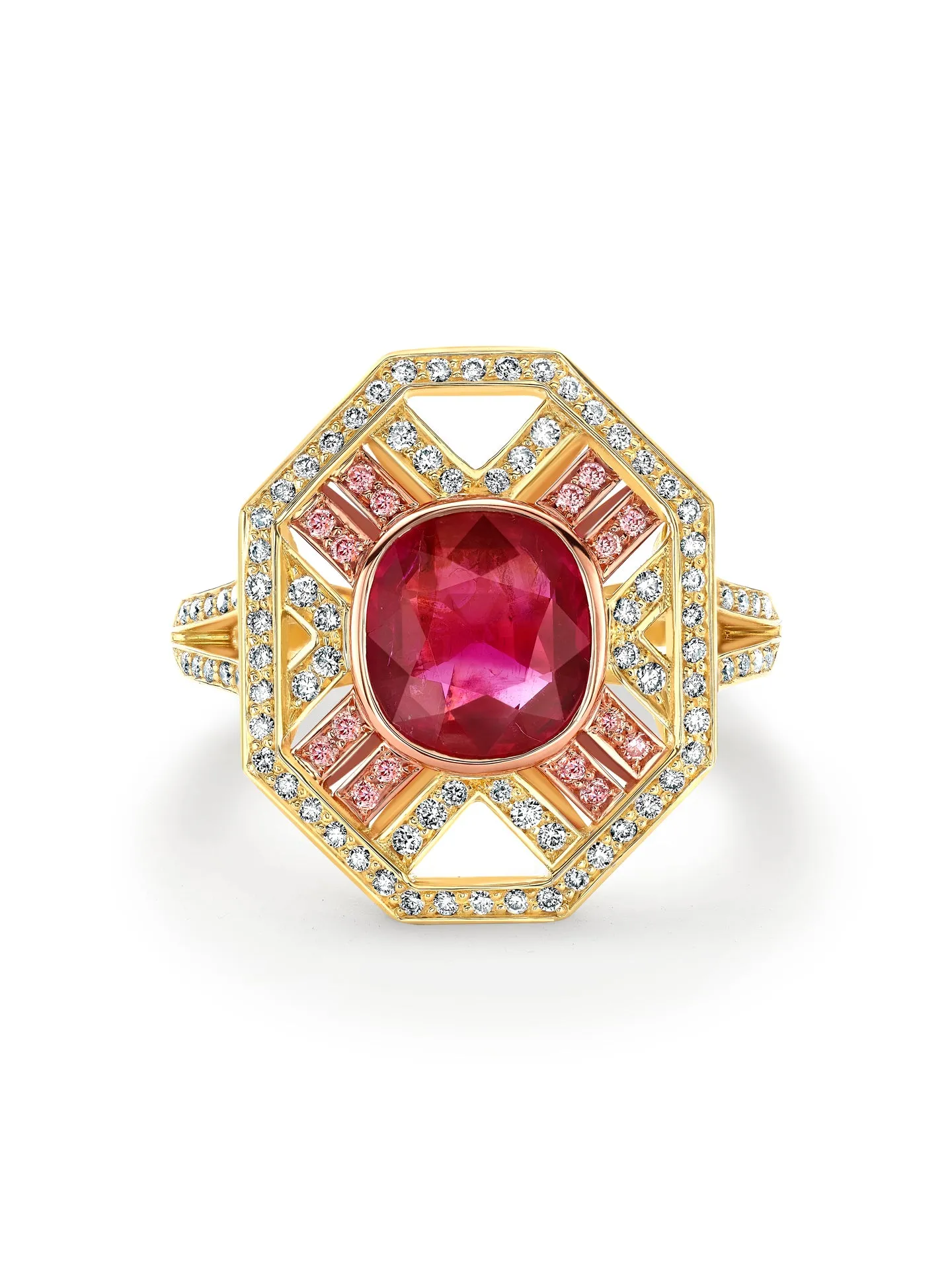 Fifth Avenue Cushion Ruby Yellow Gold Ring