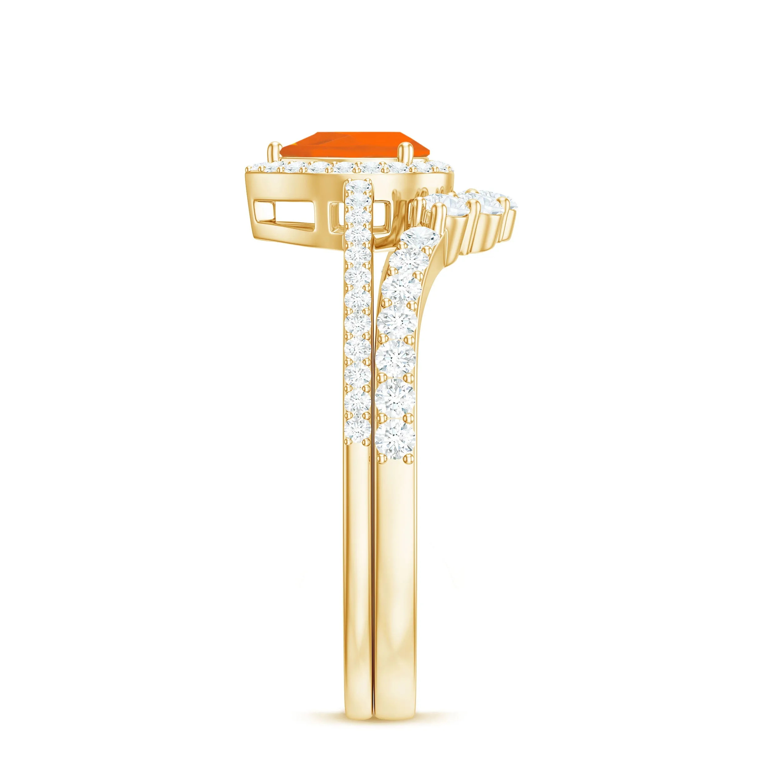 Fire Opal Designer Teardrop Ring Set with Moissanite Halo