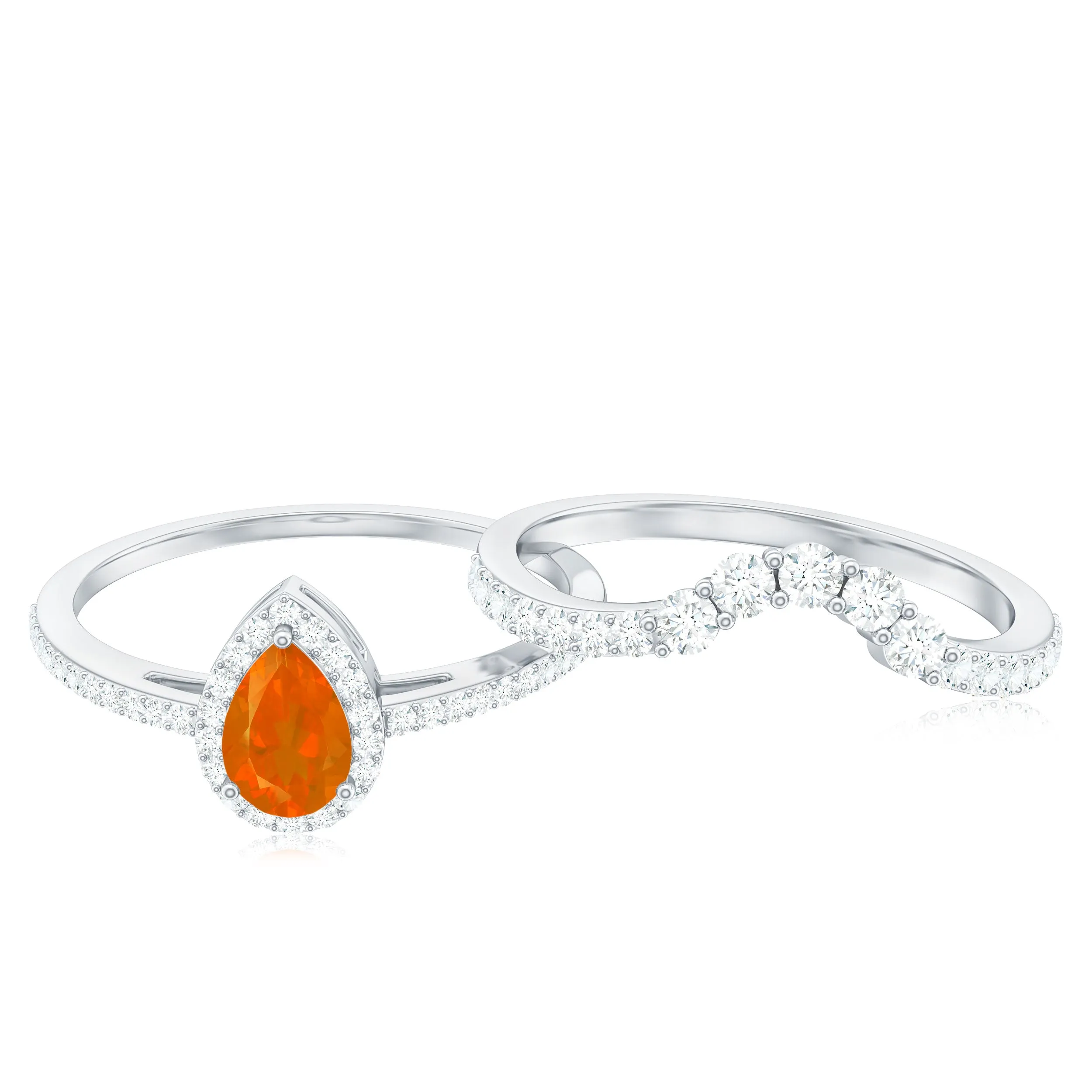 Fire Opal Designer Teardrop Ring Set with Moissanite Halo