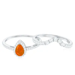 Fire Opal Designer Teardrop Ring Set with Moissanite Halo