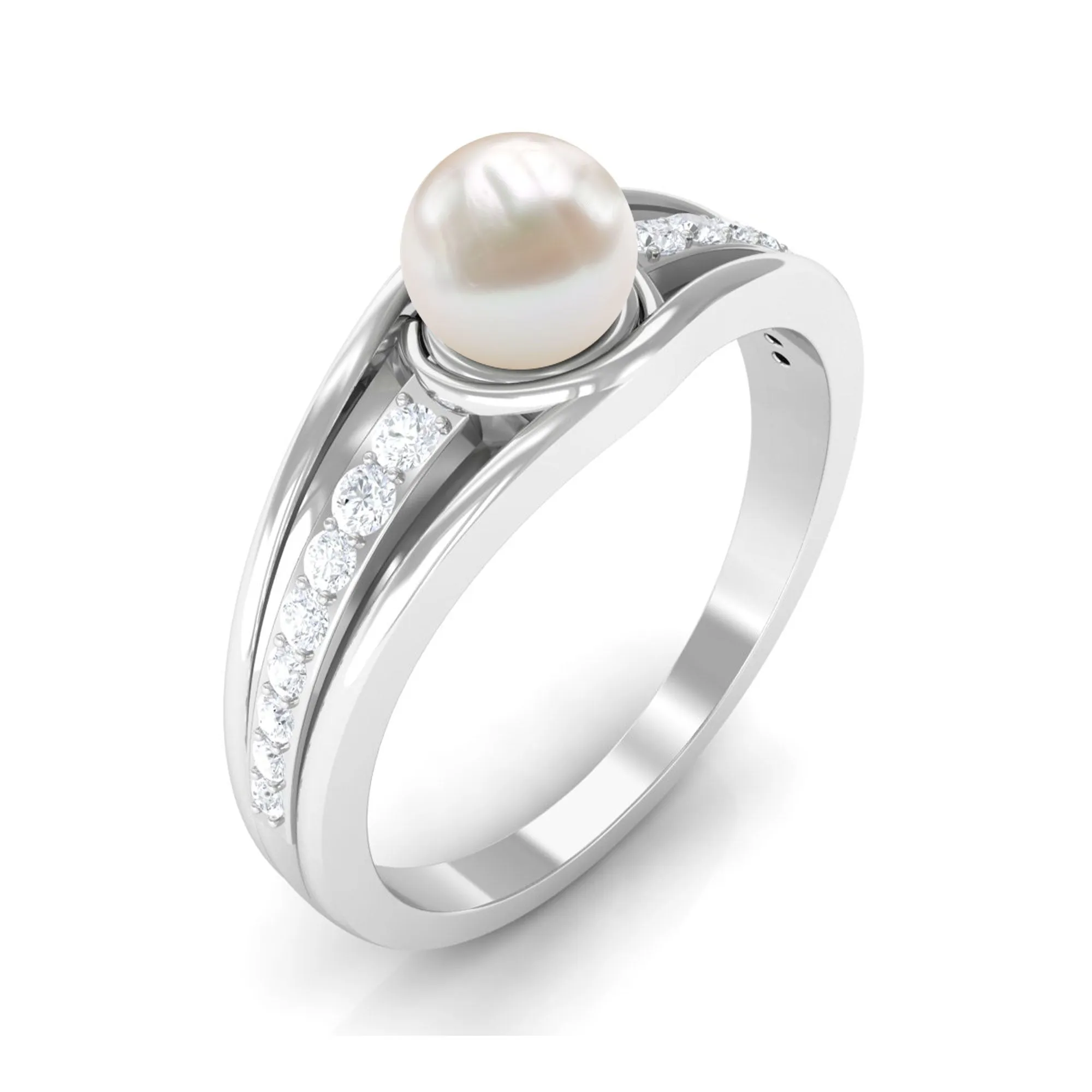 Freshwater Pearl Engagement Ring with Diamond Side Stones