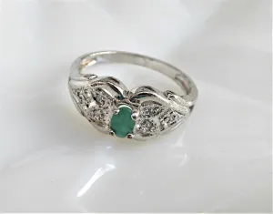 Genuine Natural Emerald Ring 6 Diamonds 925 Silver Estate Size 8 Vintage 1970s