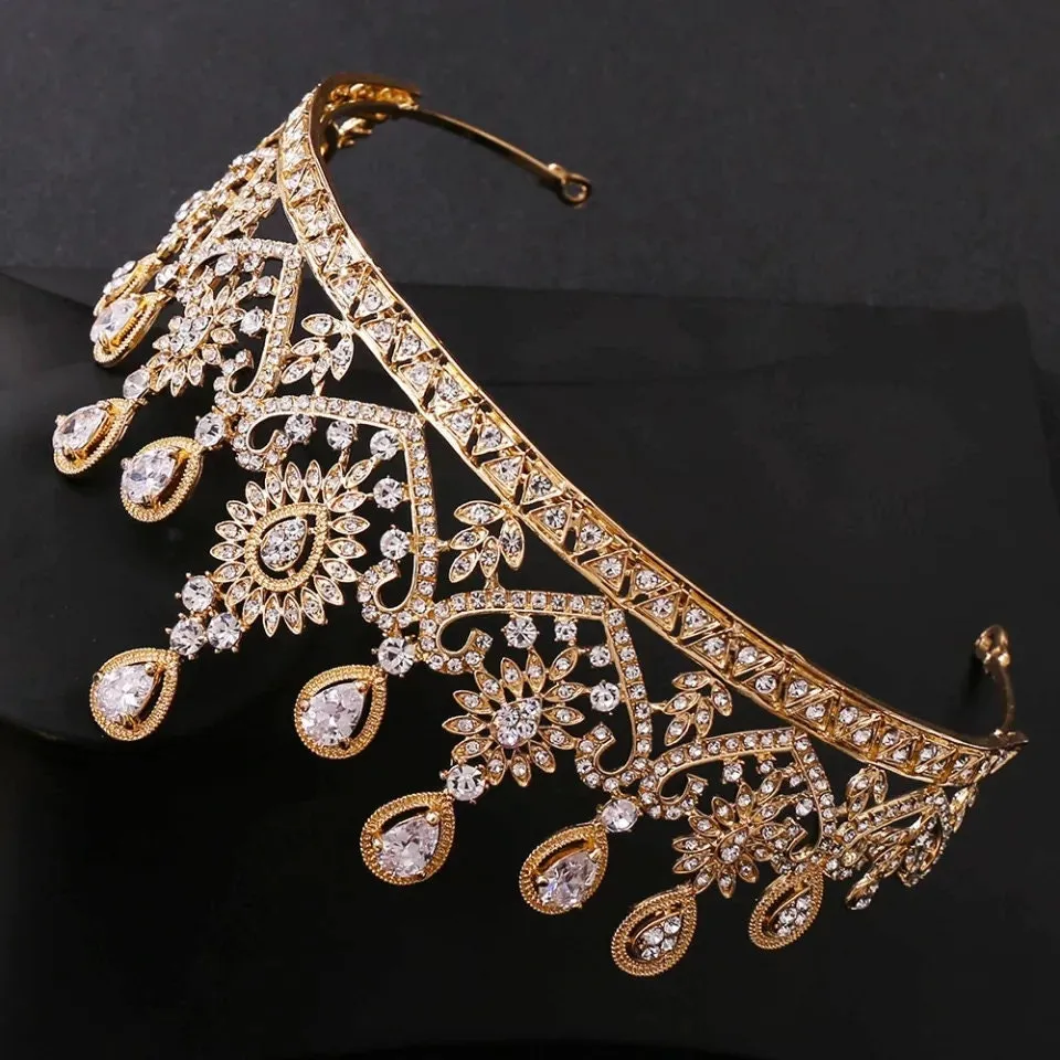 Gold Princess Tiara crystal King Queen crown headdress jewelry bridal Halloween cosplay diadem