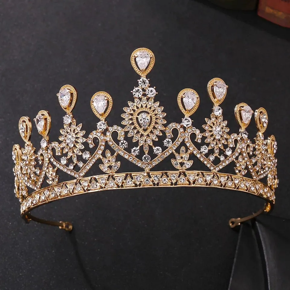 Gold Princess Tiara crystal King Queen crown headdress jewelry bridal Halloween cosplay diadem