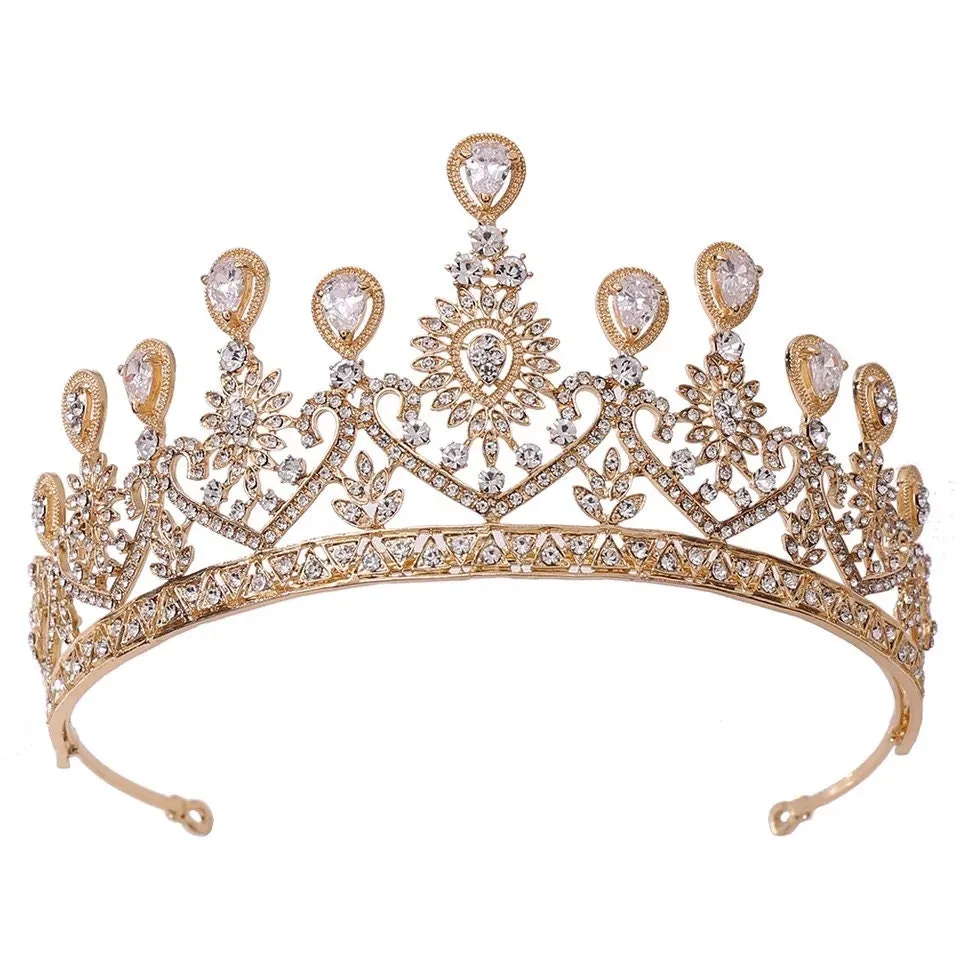 Gold Princess Tiara crystal King Queen crown headdress jewelry bridal Halloween cosplay diadem