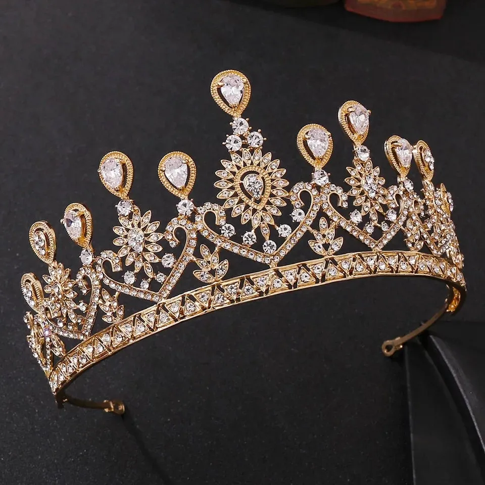 Gold Princess Tiara crystal King Queen crown headdress jewelry bridal Halloween cosplay diadem