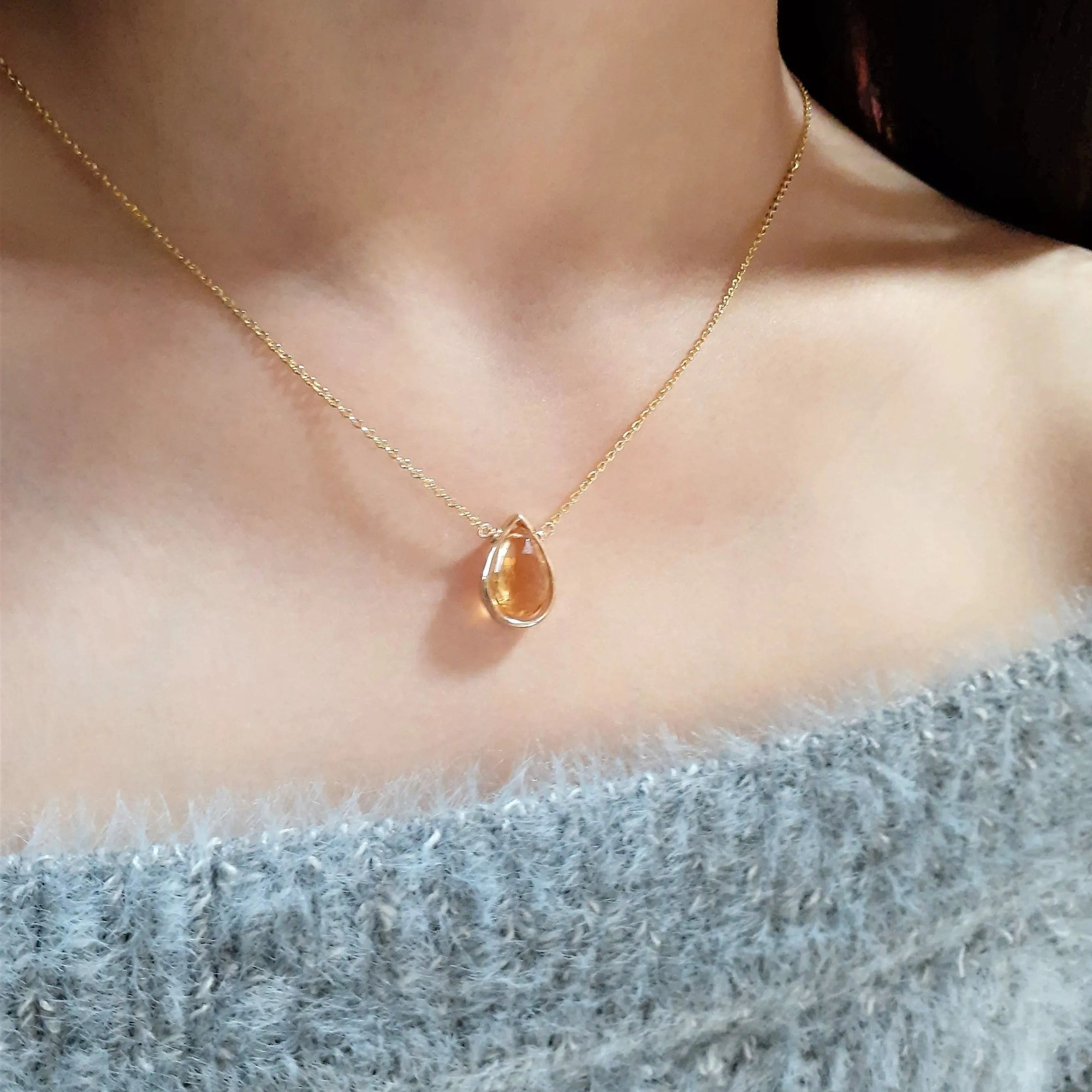 Golden Citrine Pear Briolette Pendant Necklace