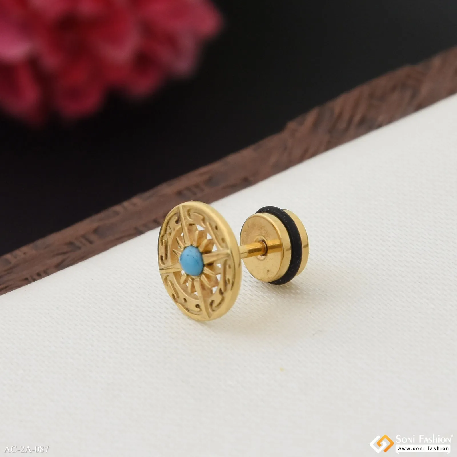 Golden Color Stainless Steel Stud Earring for Men (1 Pc) - Style A087