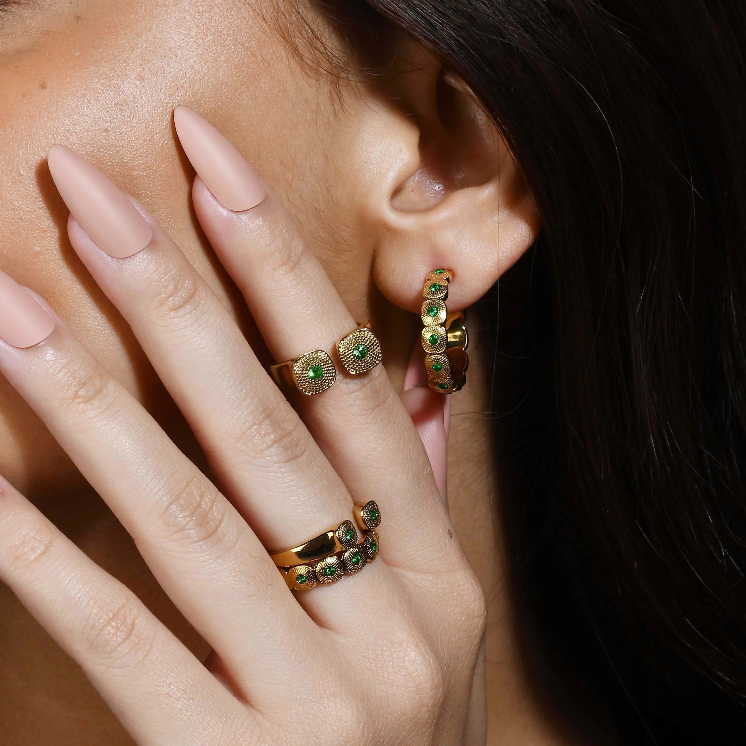 Green Gem Granulated Open Thin Band Ring