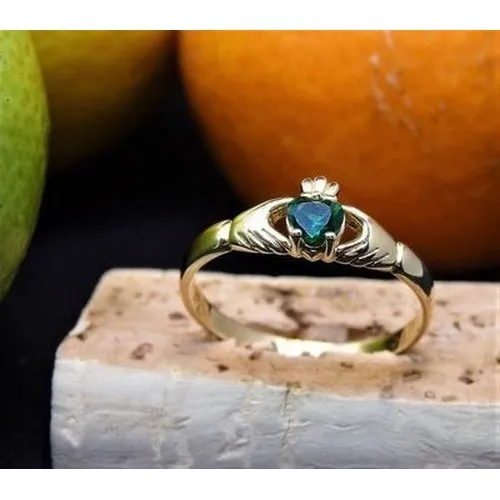 Kids 9ct Green Stone Claddagh Ring
