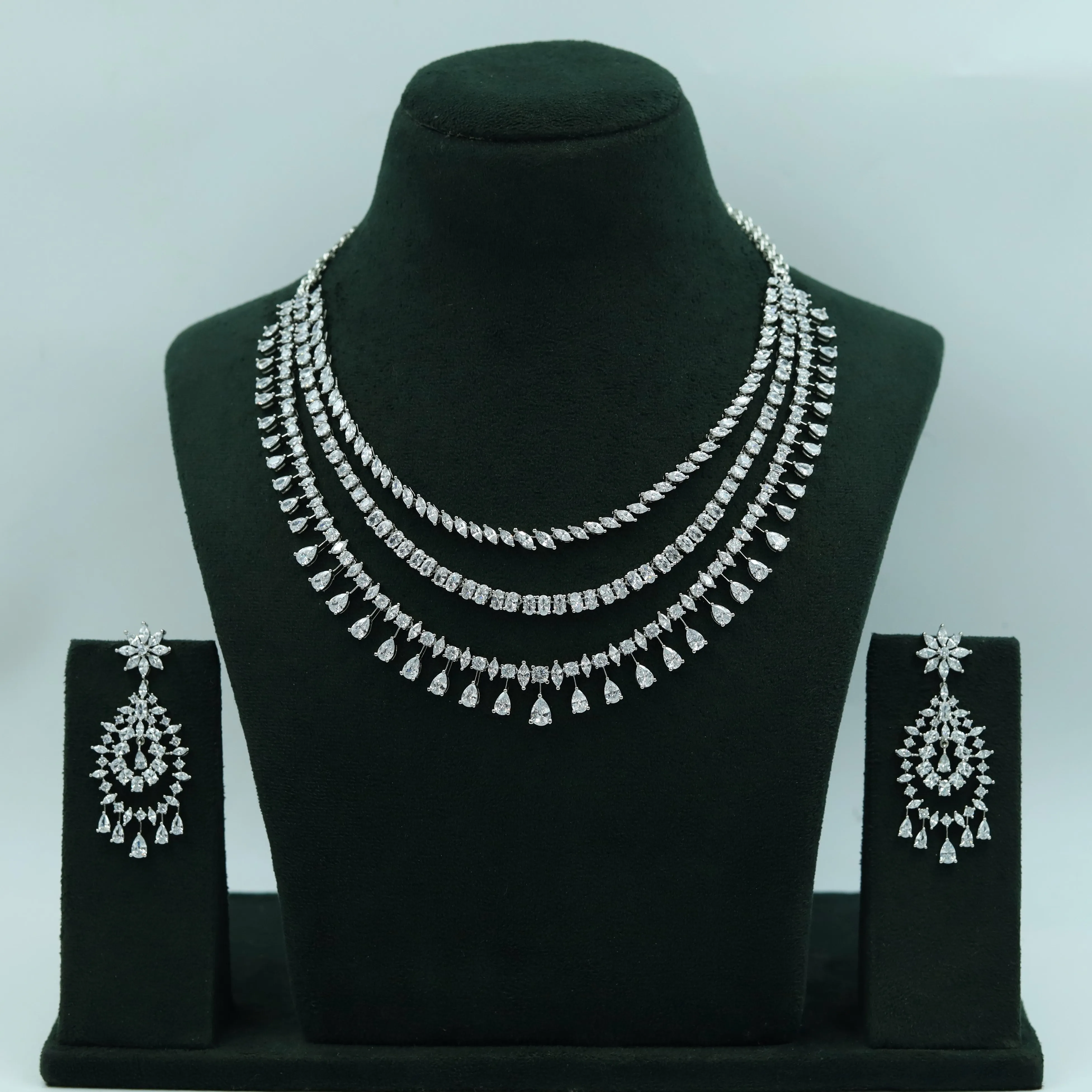 Layered Round Neck Zircon/AD Necklace Set 16223-69