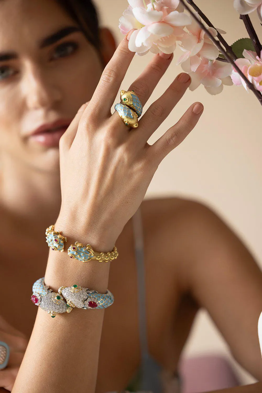 Light Blue Enamel and Ruby Baby Frog Bangle