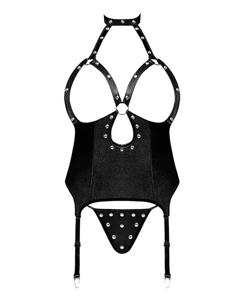 Lust Mistress Cupless Corset W/velcro Choker Collar, Metal Garters & G-string