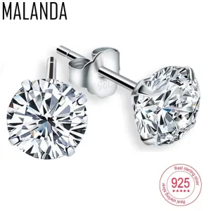 MALANDA 2018 New Fashion White Crystal Zircon 925 Sterling Silver Channel Stud Earrings For Women Wedding Jewelry Drop shipping