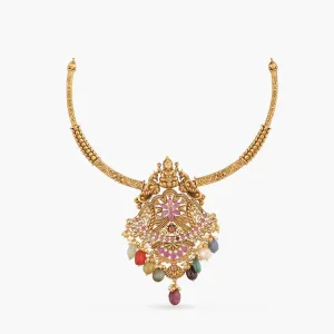 Navaratna Gemstone Antique Hasli Silver Necklace