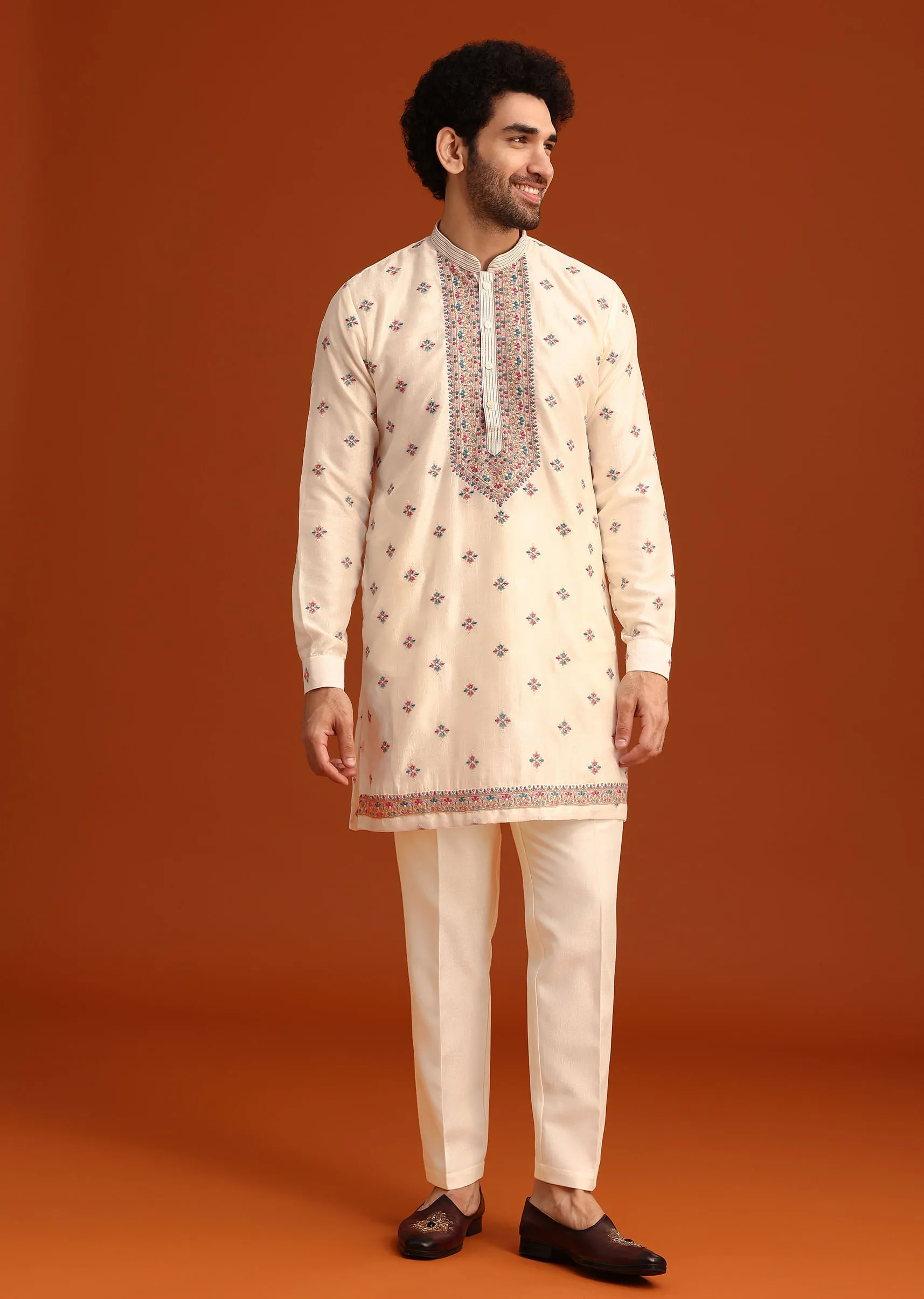 Off White Silk Resham Work Kurta Jacket Set