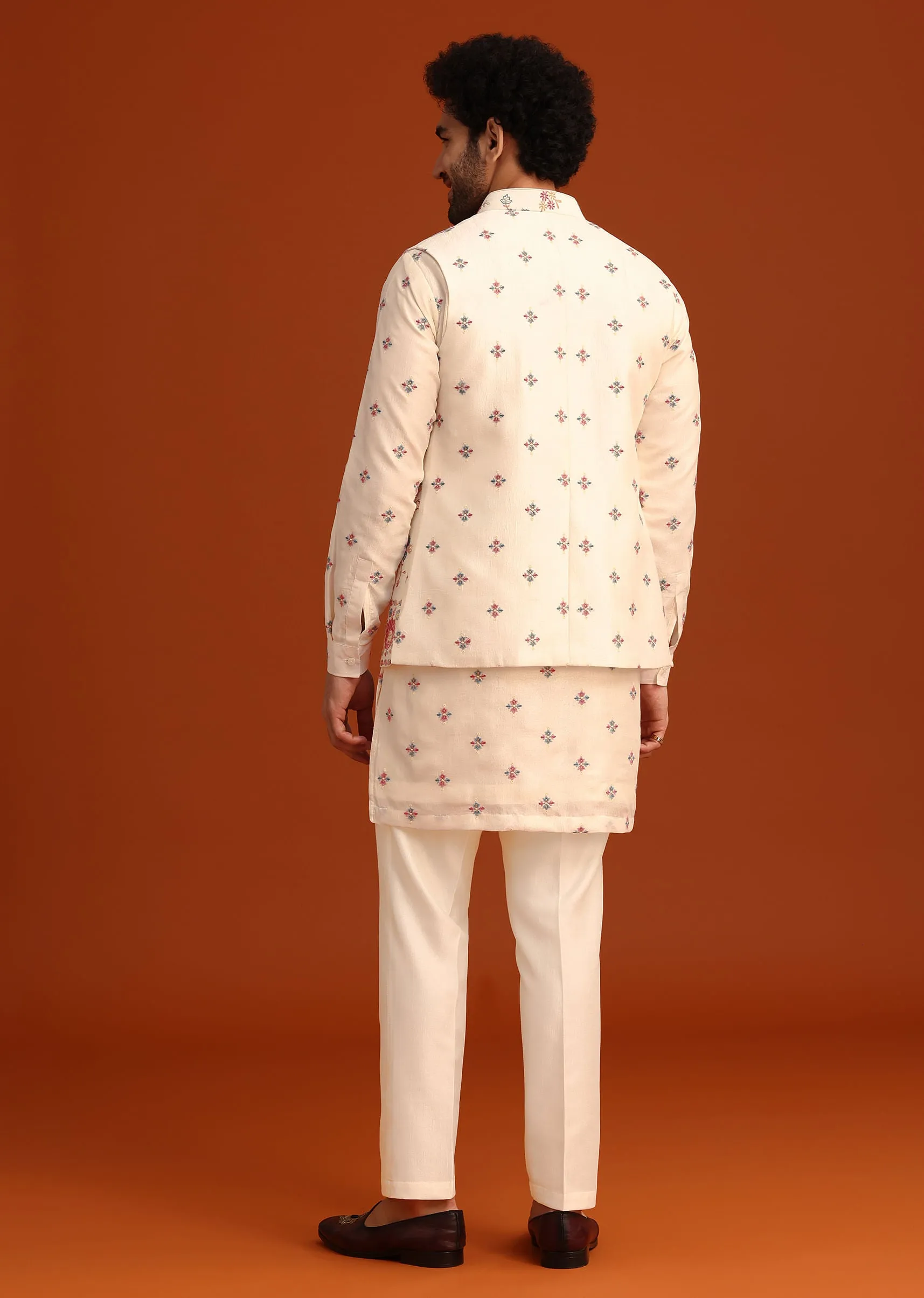 Off White Silk Resham Work Kurta Jacket Set