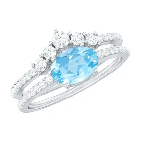 Oval Aquamarine East West Wedding Ring Set with Diamond