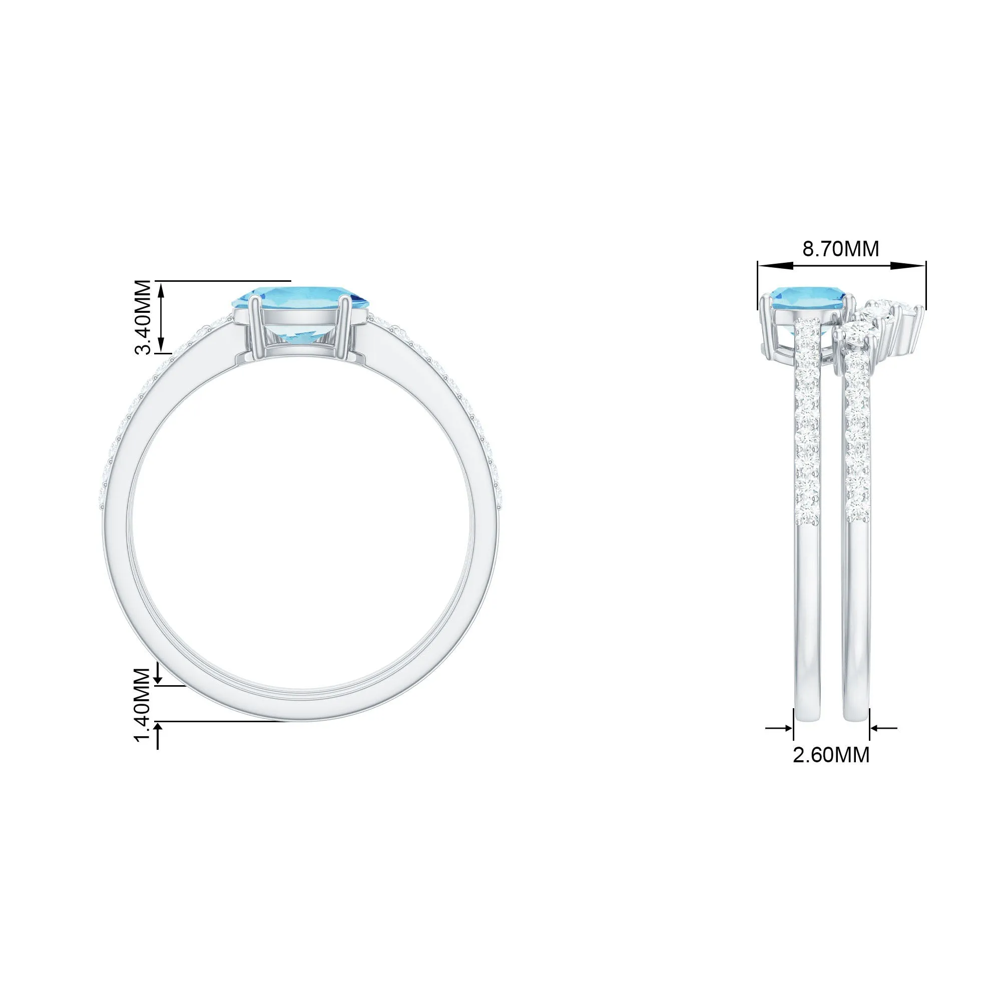 Oval Aquamarine East West Wedding Ring Set with Diamond