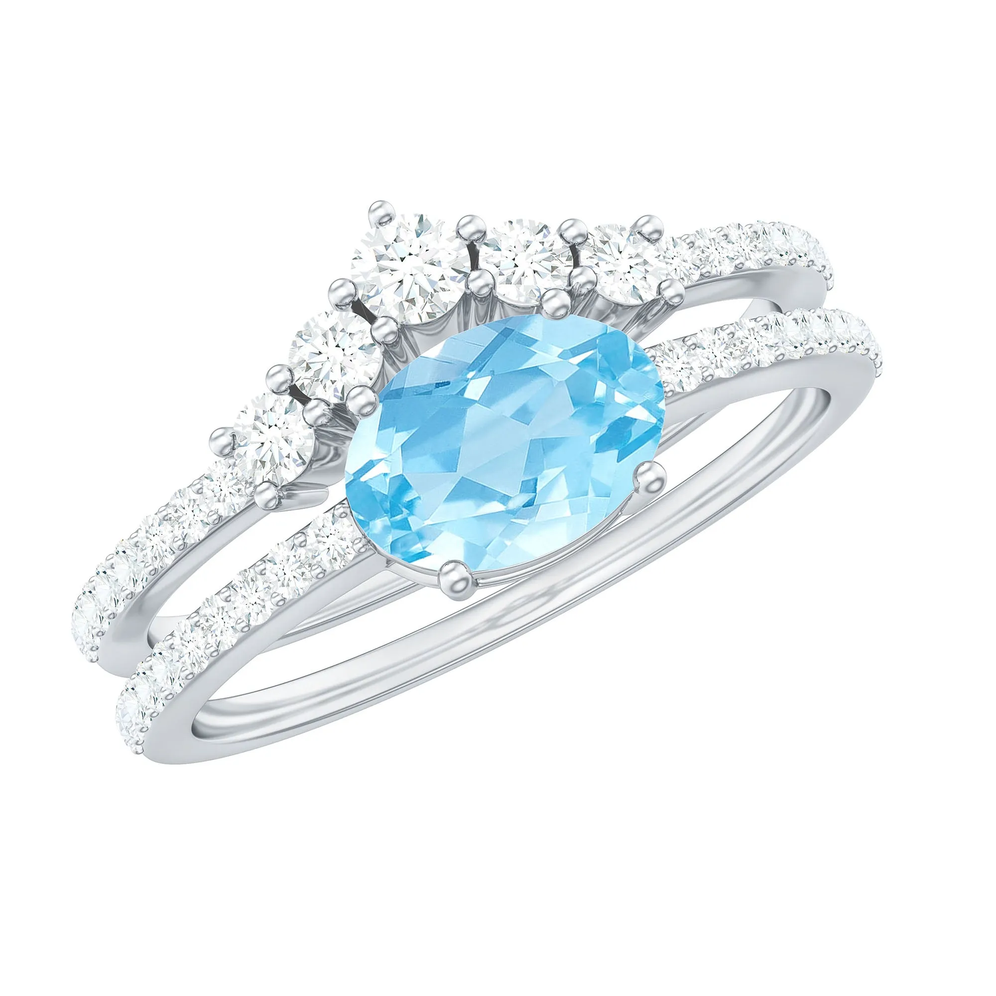 Oval Aquamarine East West Wedding Ring Set with Diamond