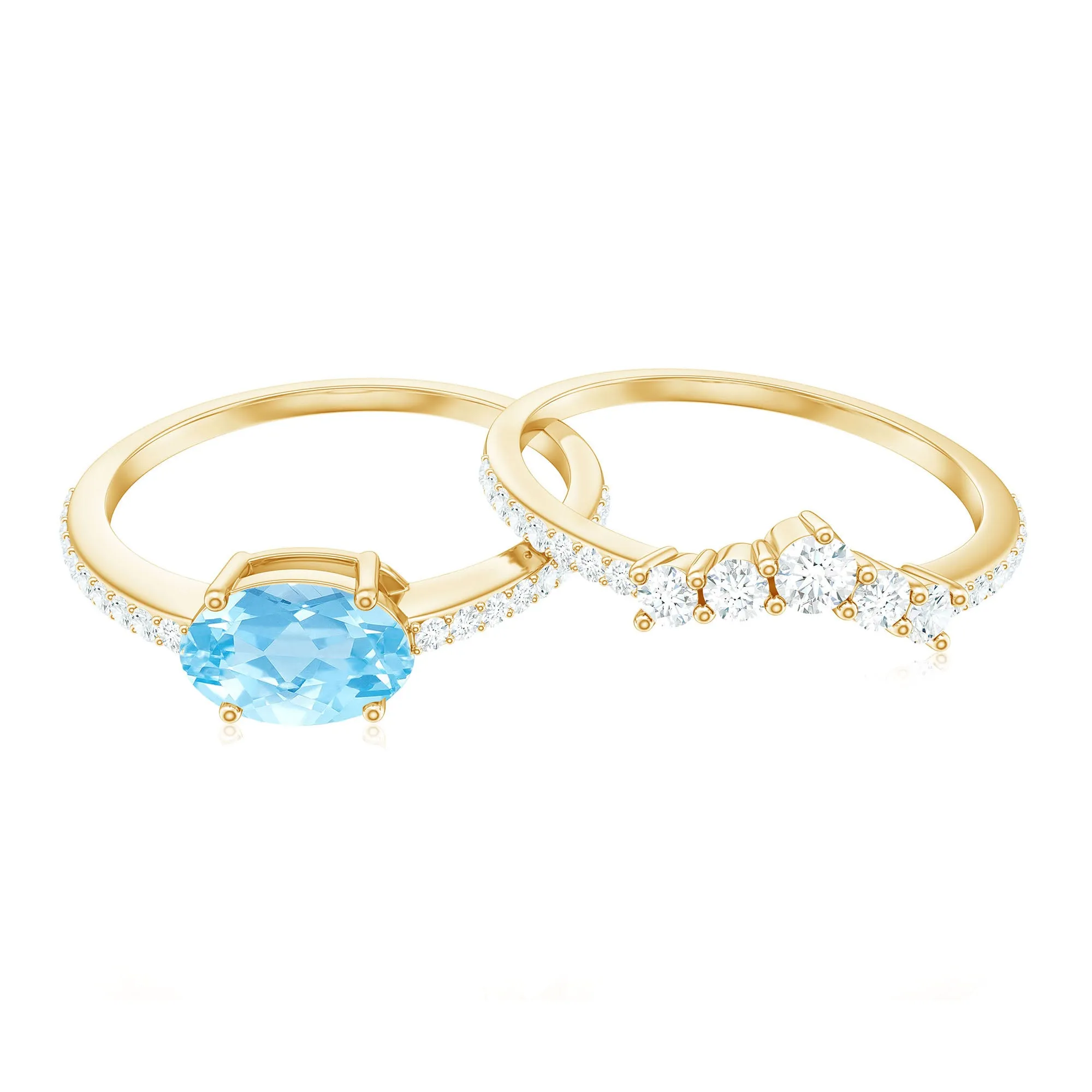 Oval Aquamarine East West Wedding Ring Set with Diamond