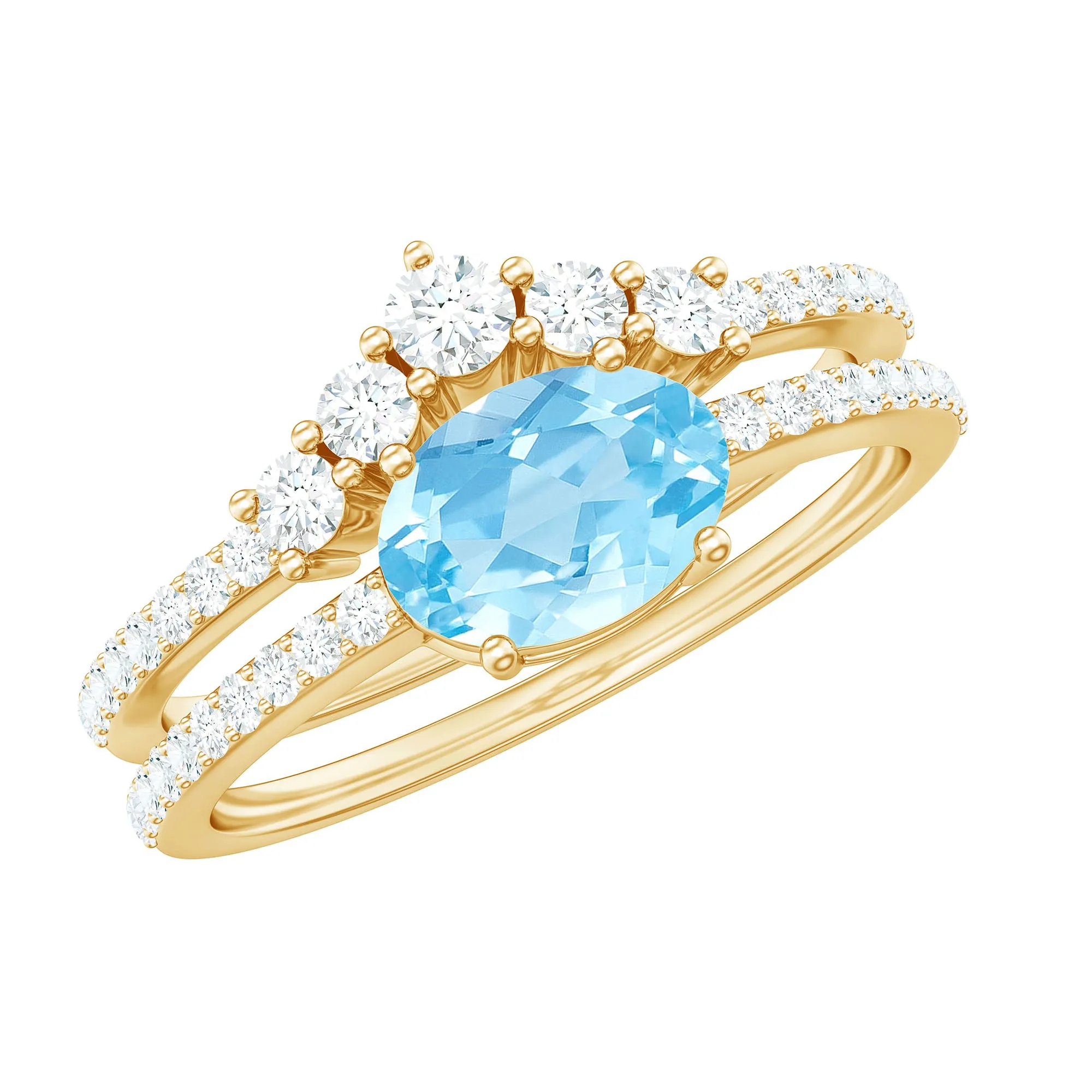 Oval Aquamarine East West Wedding Ring Set with Diamond