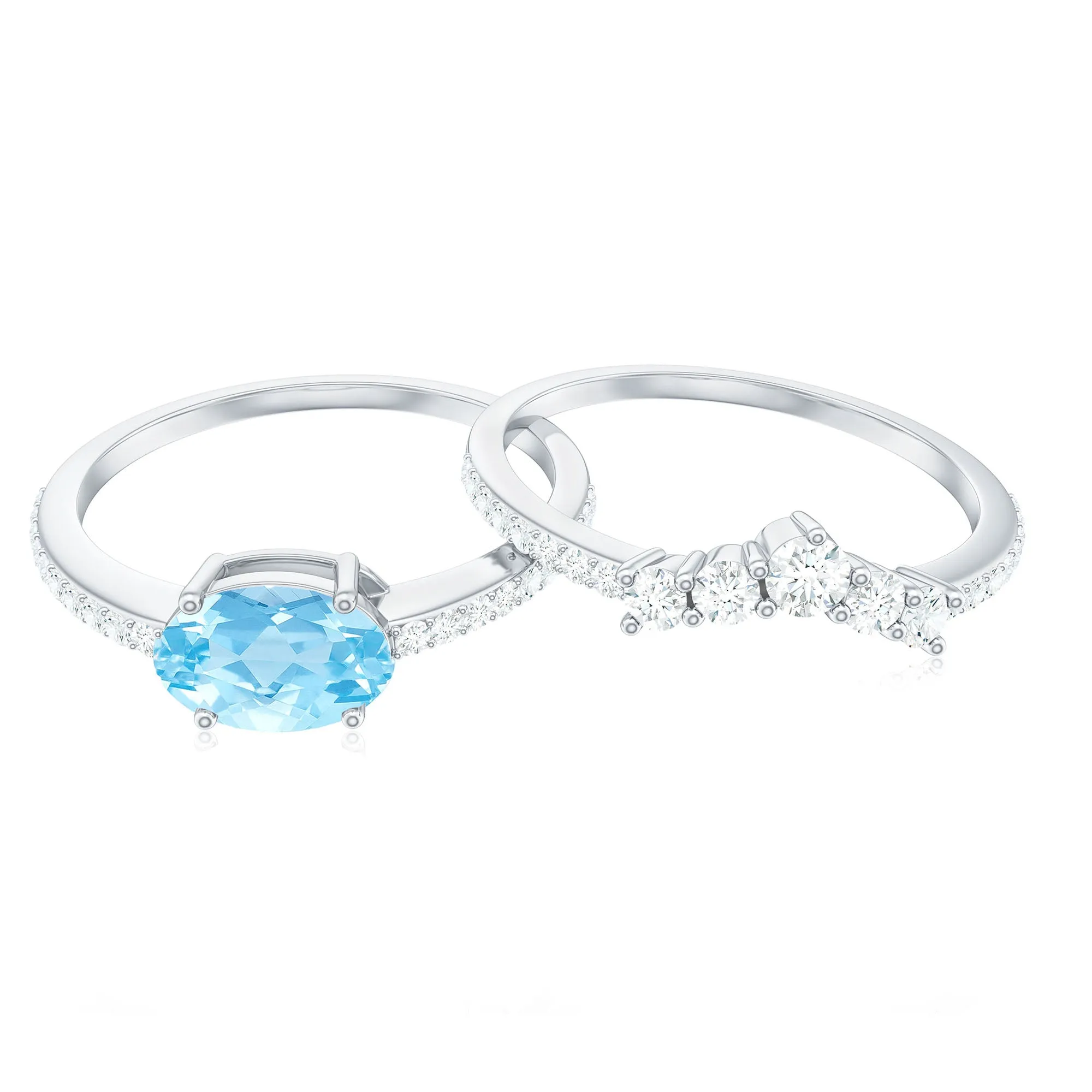 Oval Aquamarine East West Wedding Ring Set with Diamond