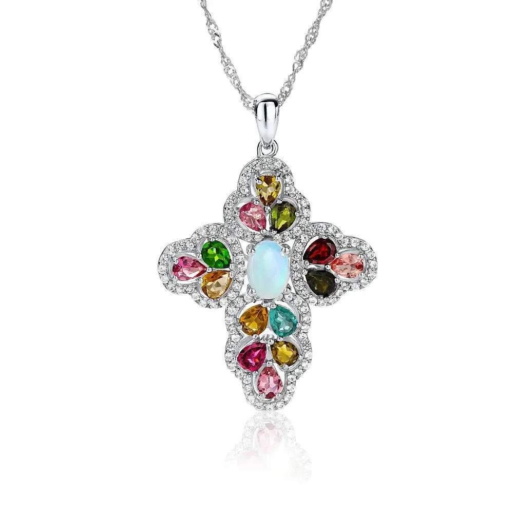 Oval cut Created Opal & Multi Gemstones Cross Pendant Necklace