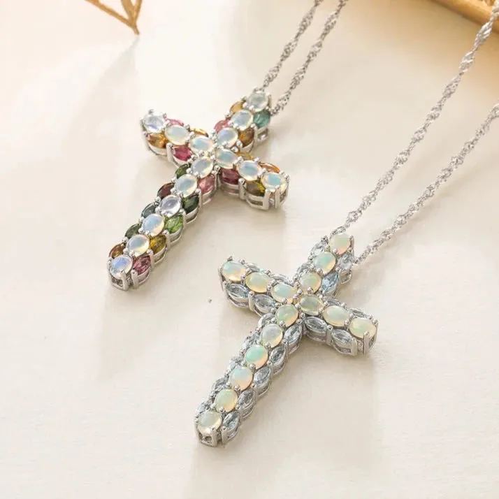 Oval cut Created Opal & Multi Gemstones Cross Pendant Necklace