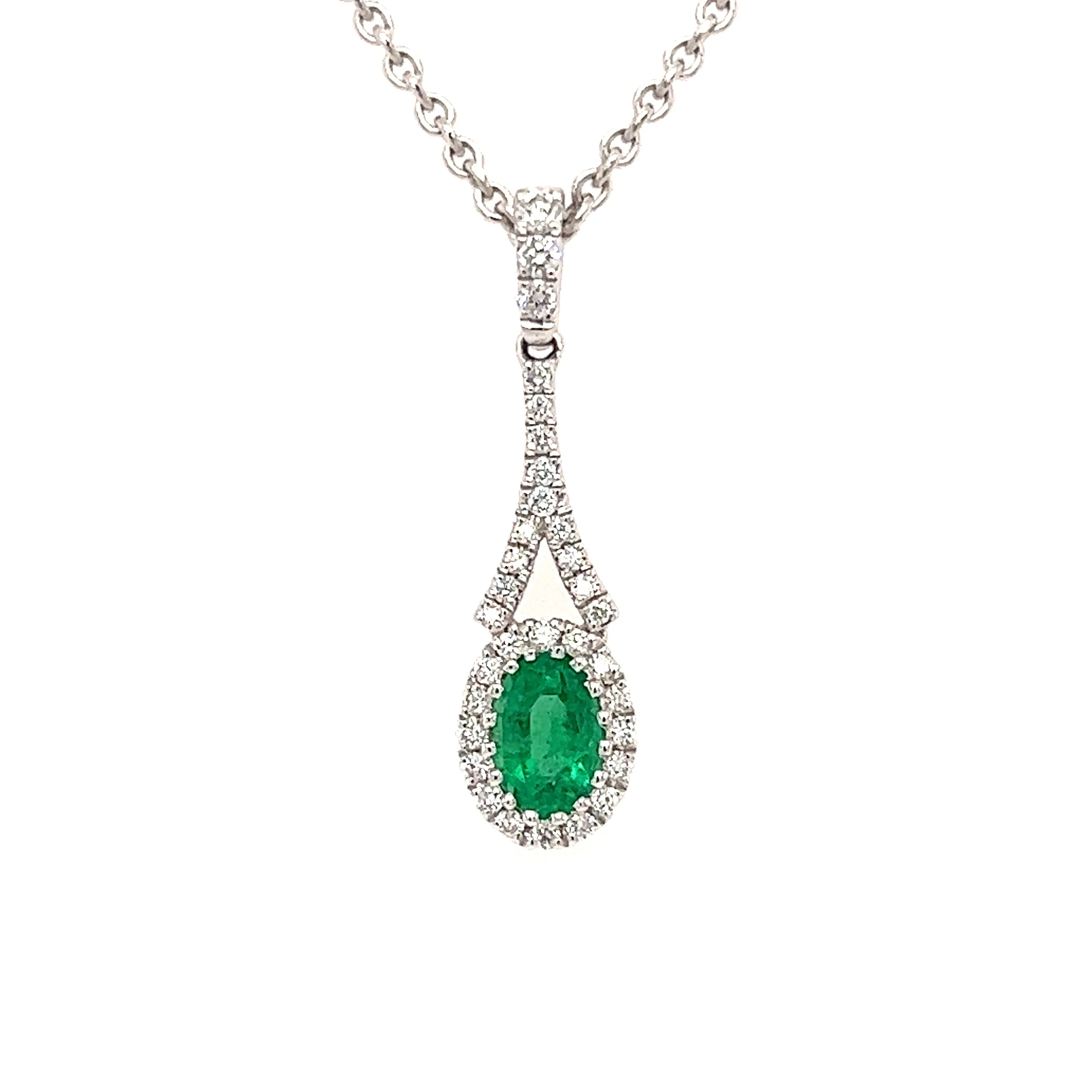 Oval Emerald Pendant with Thirty-Two Diamonds in 18K White Gold