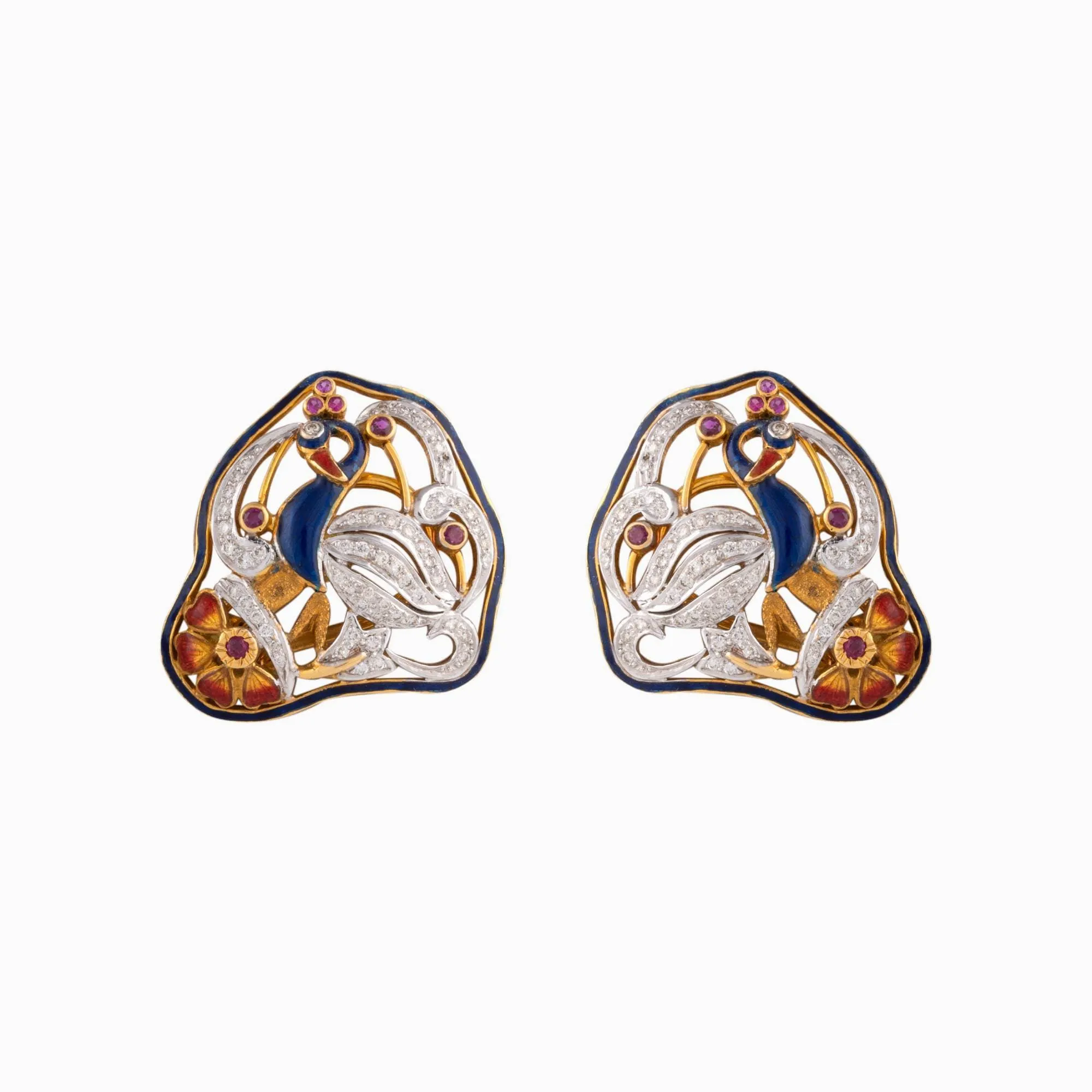 Peacock Meena and Diamond Earring Pair - GDPE0348
