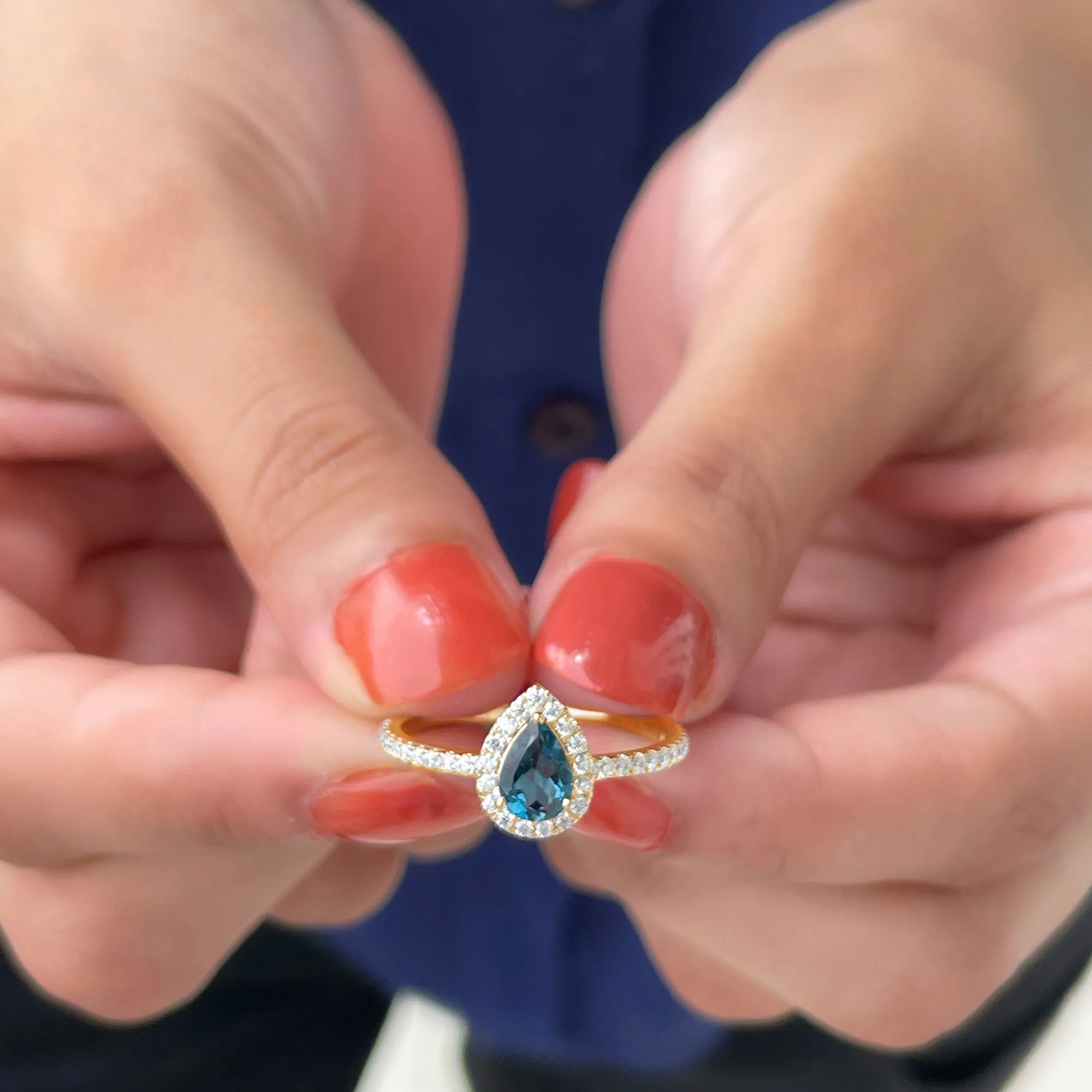 Pear Shape London Blue Topaz and Diamond Halo Ring