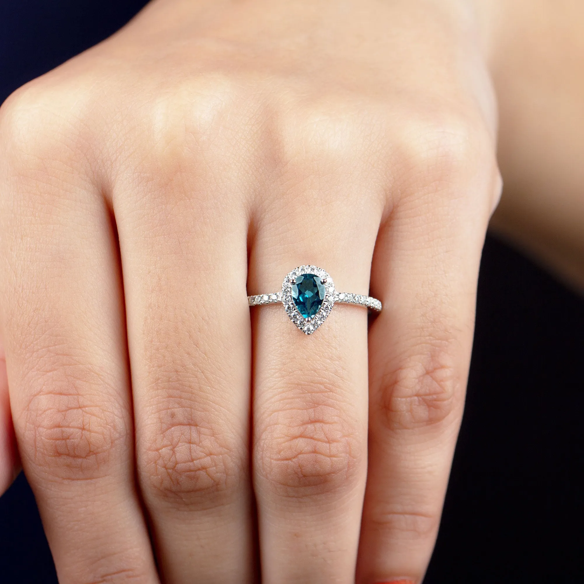 Pear Shape London Blue Topaz and Diamond Halo Ring