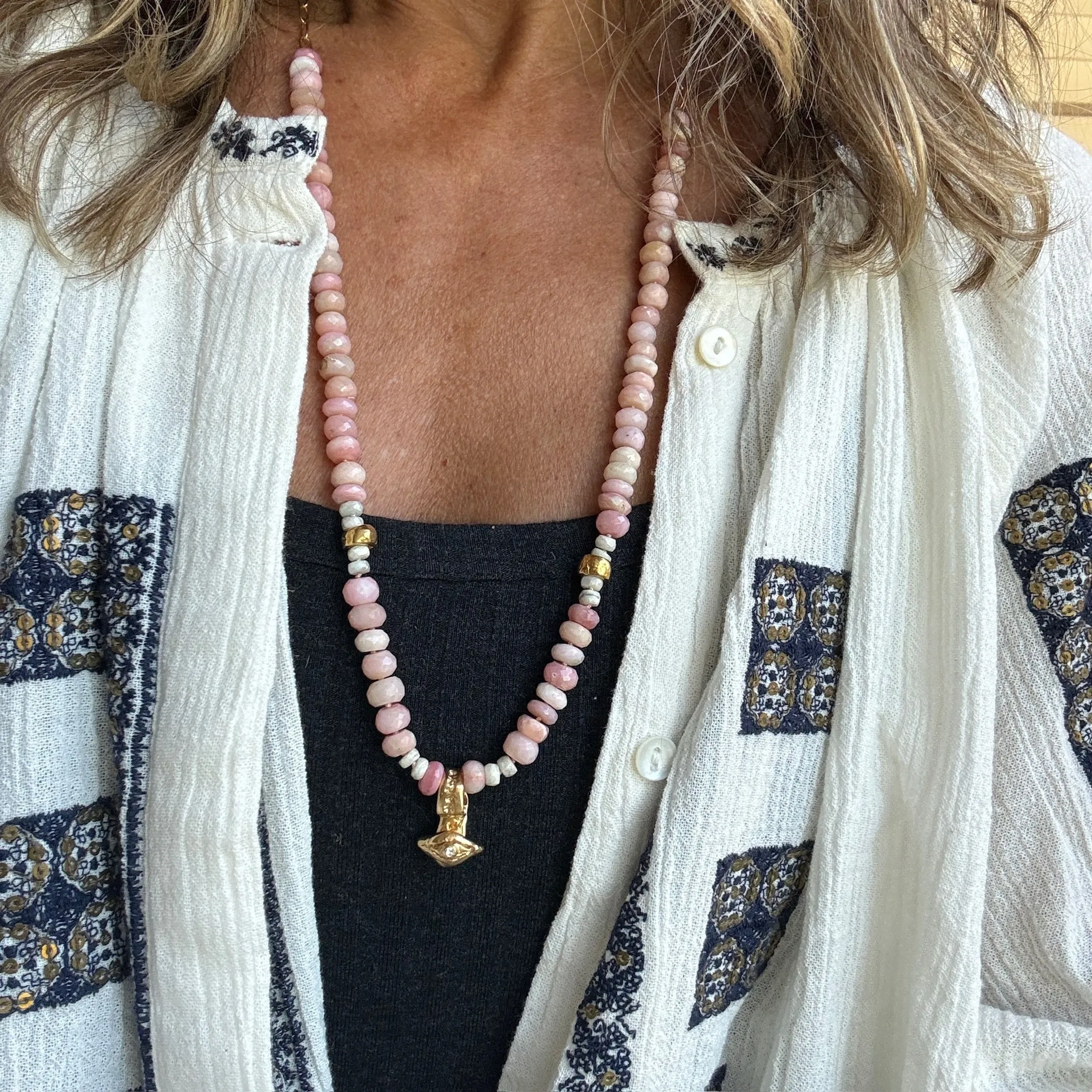 Pink Opal & Amazonite Ancient Eye Beaded  Necklace