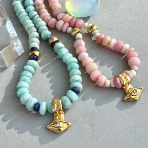 Pink Opal & Amazonite Ancient Eye Beaded  Necklace
