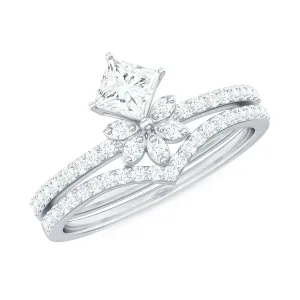 Princess Cut Certified Moissanite Flower Wedding Ring Set