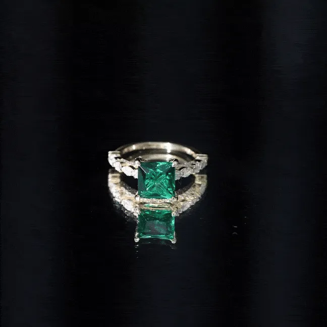 Princess Cut Created Emerald Solitaire Ring with Moissanite Side Stones