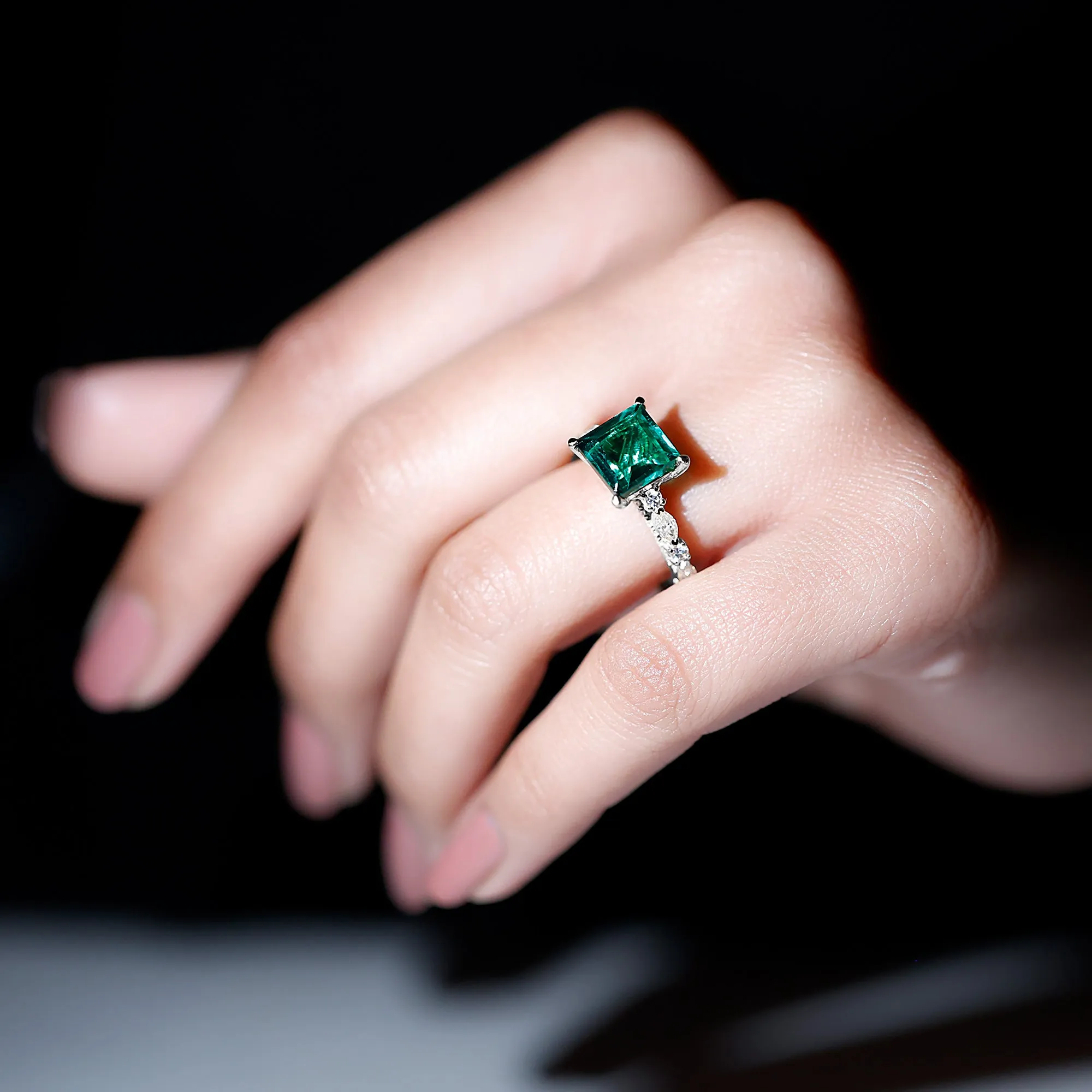 Princess Cut Created Emerald Solitaire Ring with Moissanite Side Stones