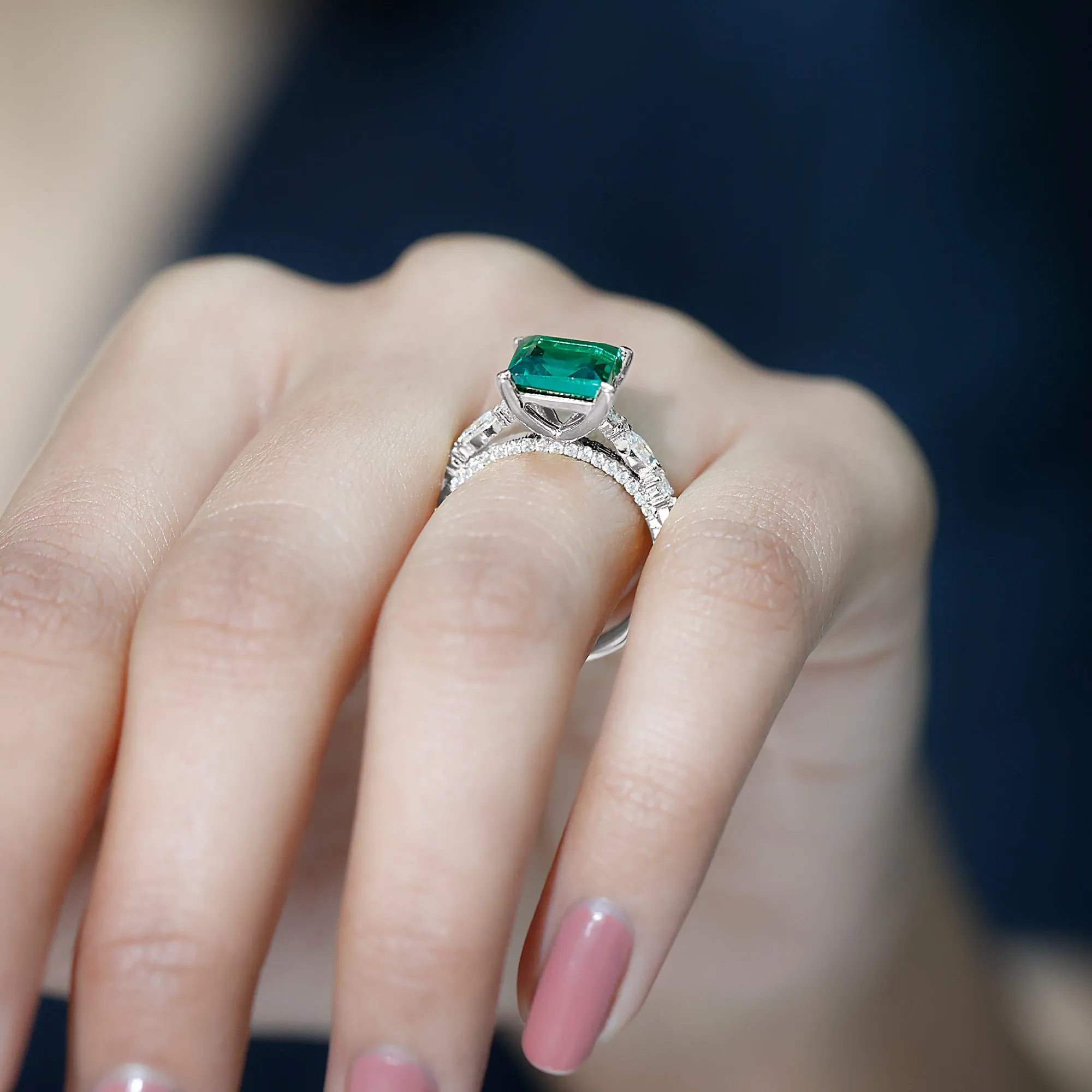 Princess Cut Created Emerald Solitaire Ring with Moissanite Side Stones