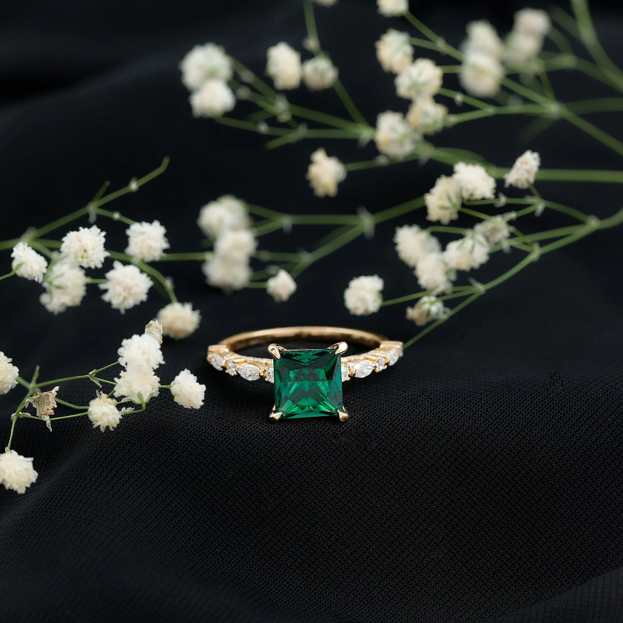Princess Cut Created Emerald Solitaire Ring with Moissanite Side Stones