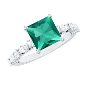 Princess Cut Created Emerald Solitaire Ring with Moissanite Side Stones